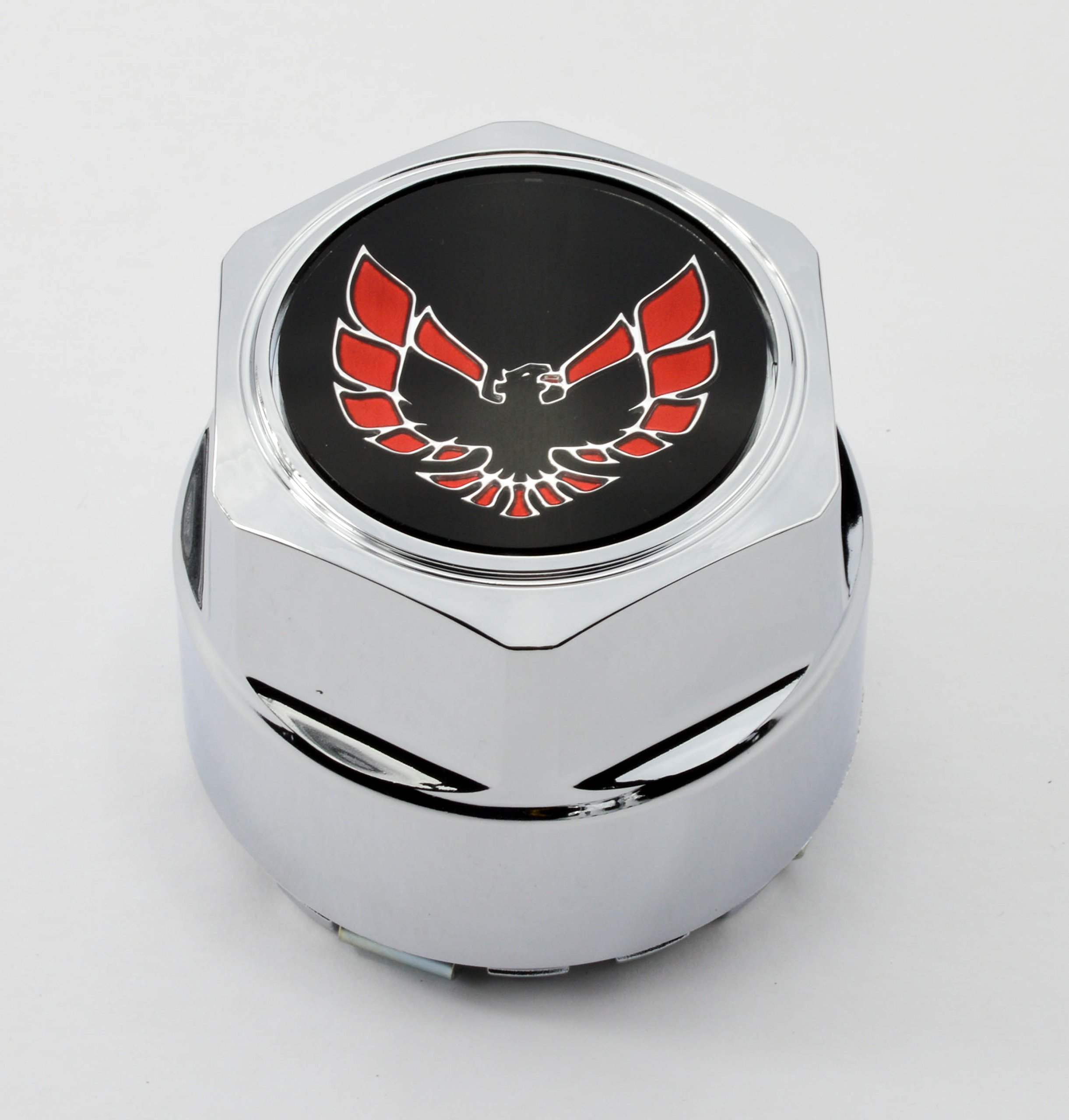 Set of 4 New 77-81 Pontiac Firebird Trans Am TA Snowflake Turbo Wheel Chrome Center Caps with Red Bird Logo - Perfect for Classic Car Restoration & Vintage Auto Enthusiasts