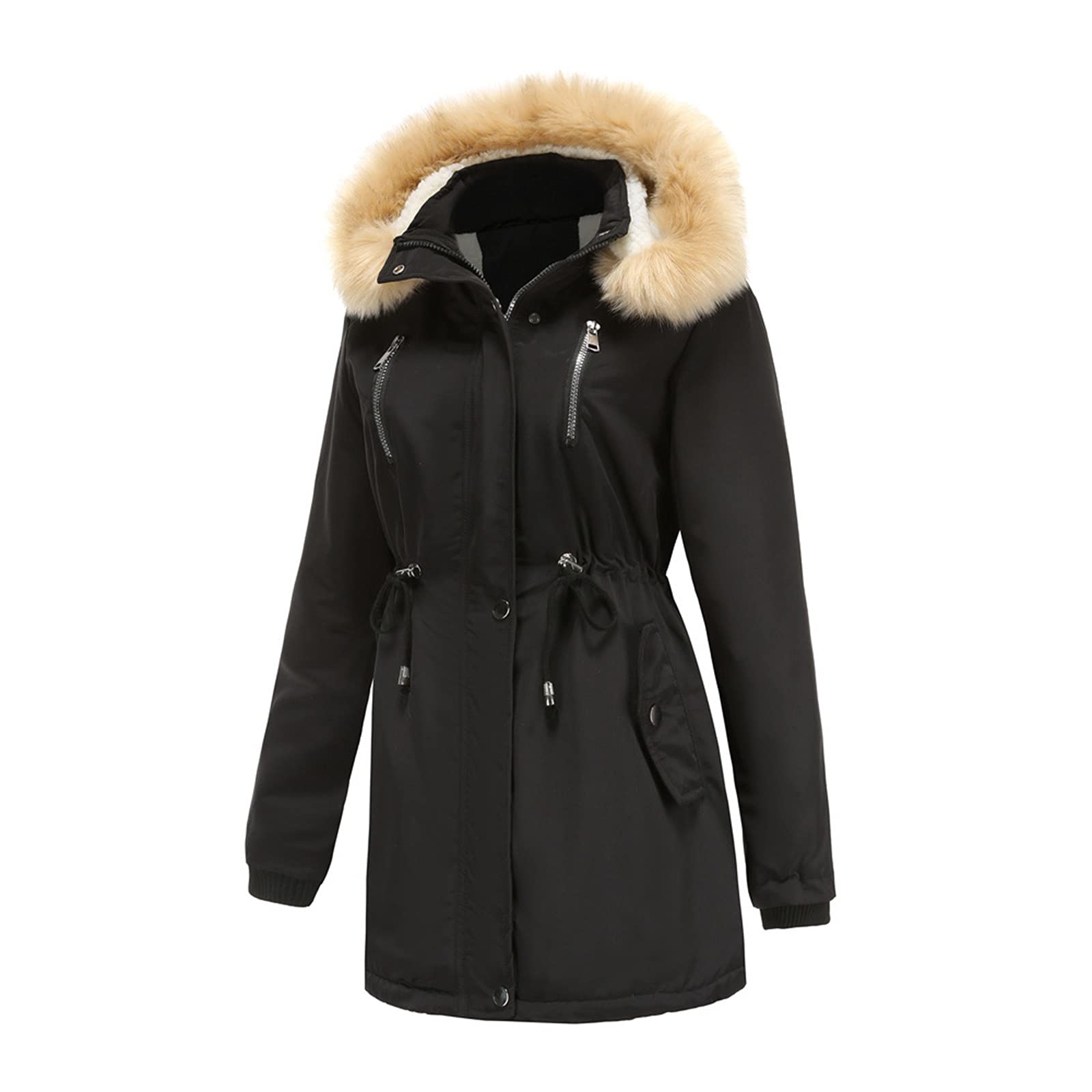 Women's Mid-Length Hooded Winter Jacket - Solid Color Warm Fleece Lined Cotton Padded Coat with Fur Collar | Cold Weather Outerwear for Snow, Travel & Daily Commute