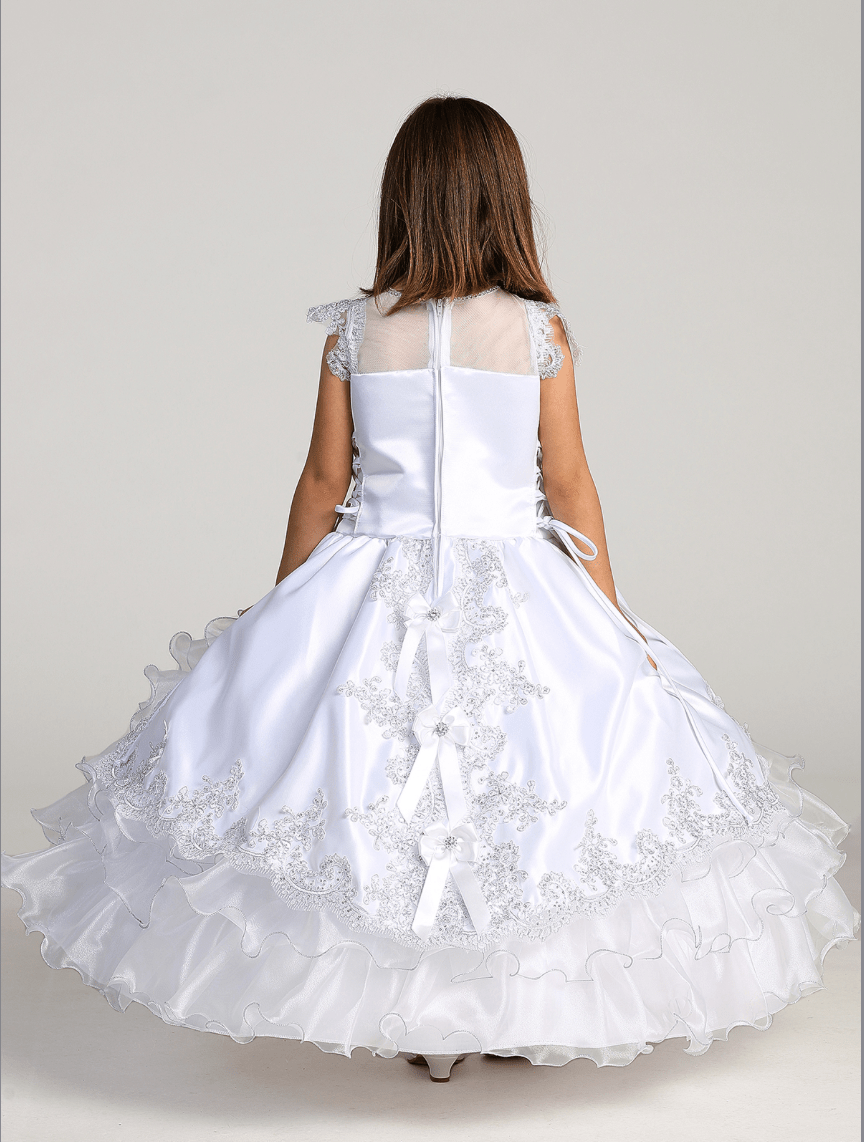 Norma Reed Girls' Communion Ball Gown - Elegant Illusion Neckline with Satin Peplum & Layered Organza Skirt | Perfect for First Communion, Baptism & Special Occasions | Style #TK1205