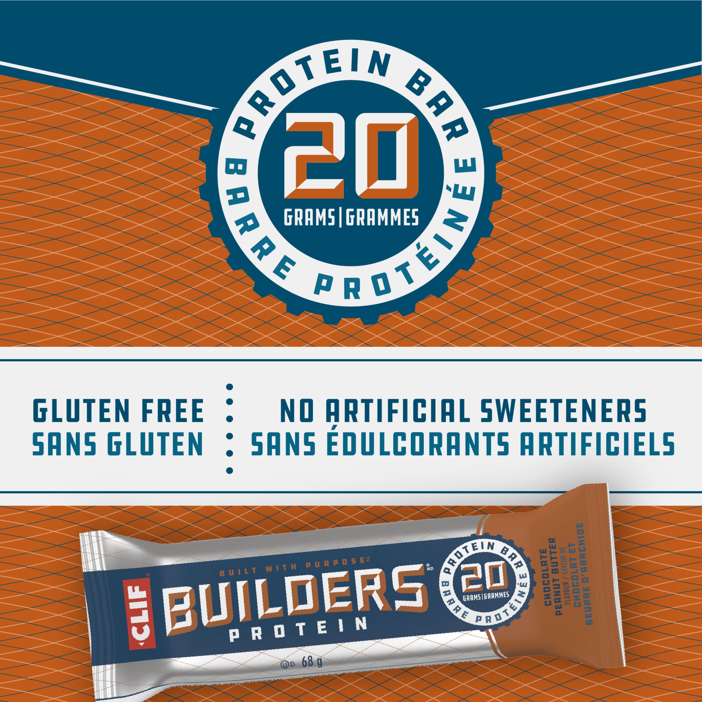CLIF BUILDERS Protein Bars - Chocolate Peanut Butter Flavor, 20g Protein, Gluten Free, No Artificial Sweeteners, 68g (12 Pack) | High Protein Snack for Gym, Hiking & Post-Workout Recovery