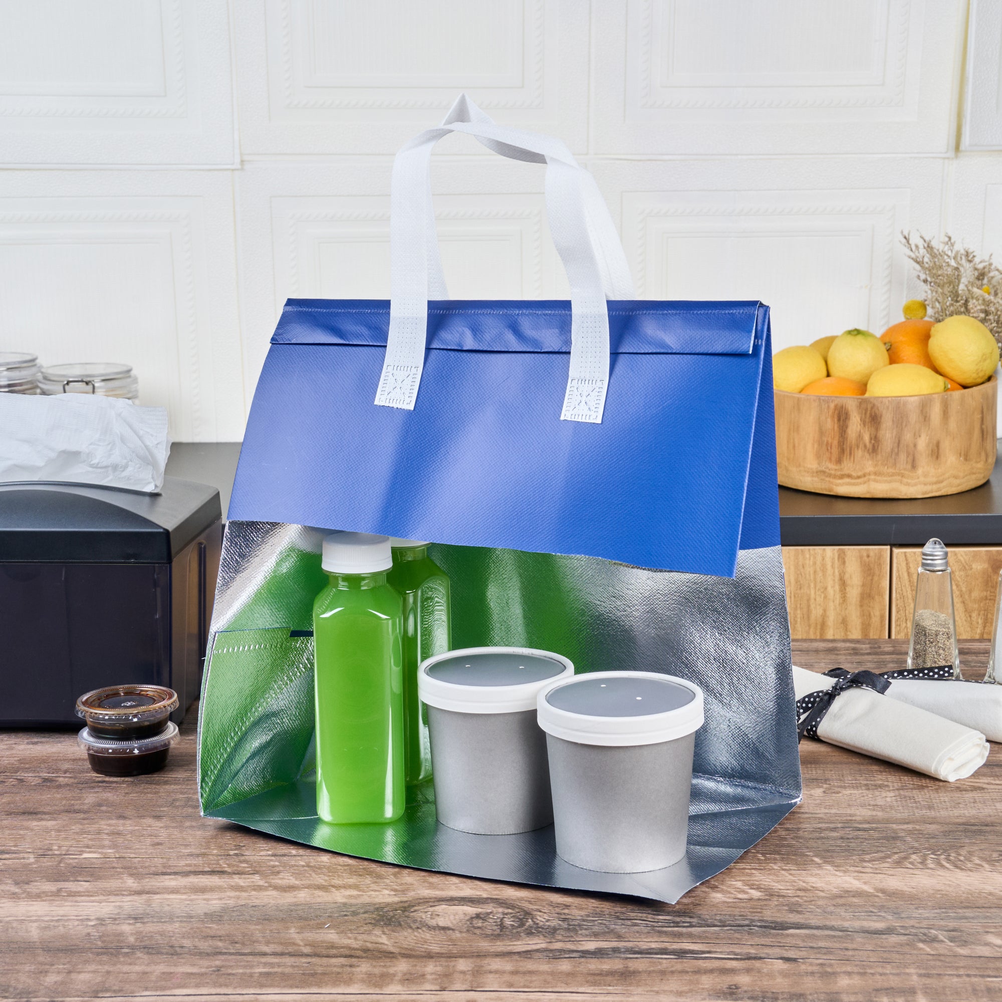 Blue Insulated Takeout Bags with Tamper-Evident Seal | 11.75