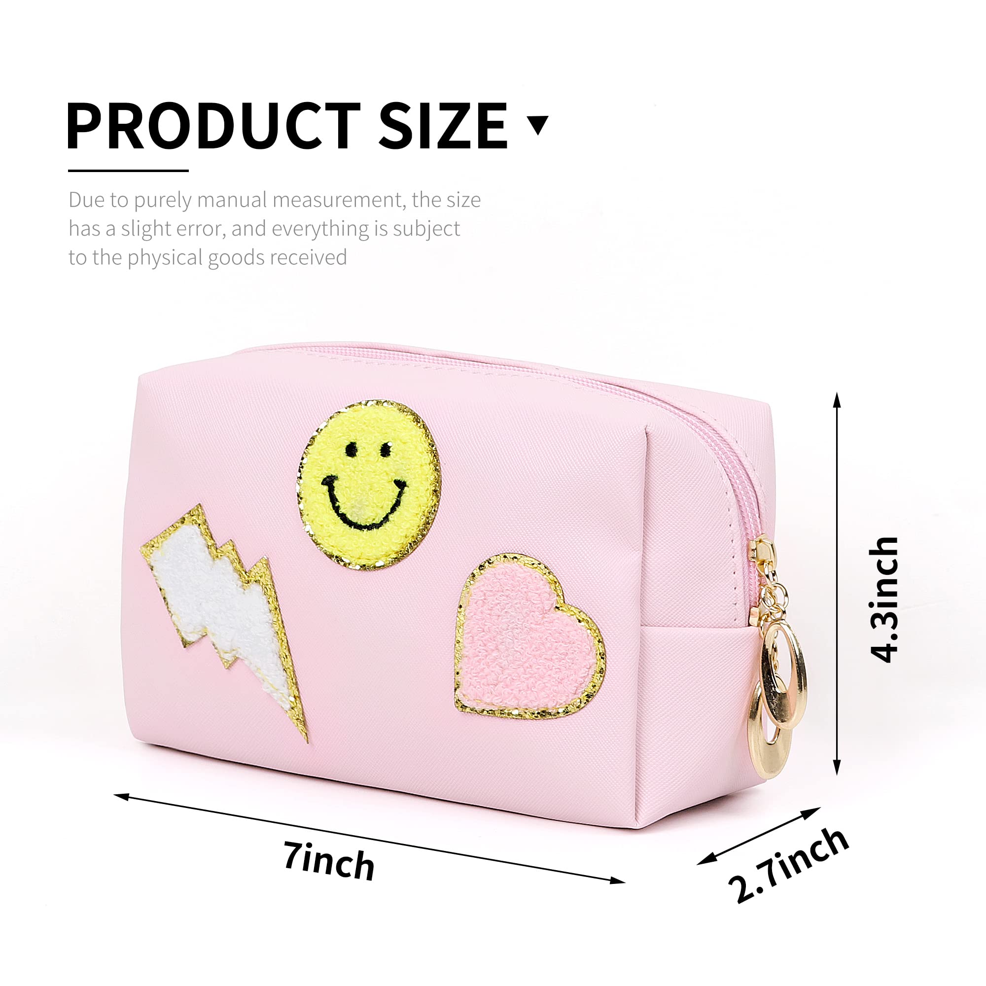 Preppy Patch Makeup Bag - Waterproof PU Leather Cosmetic Organizer for Women & Girls | Cute Pink Travel Toiletry Bag | Perfect for Daily Use, School, Travel & Gift Giving