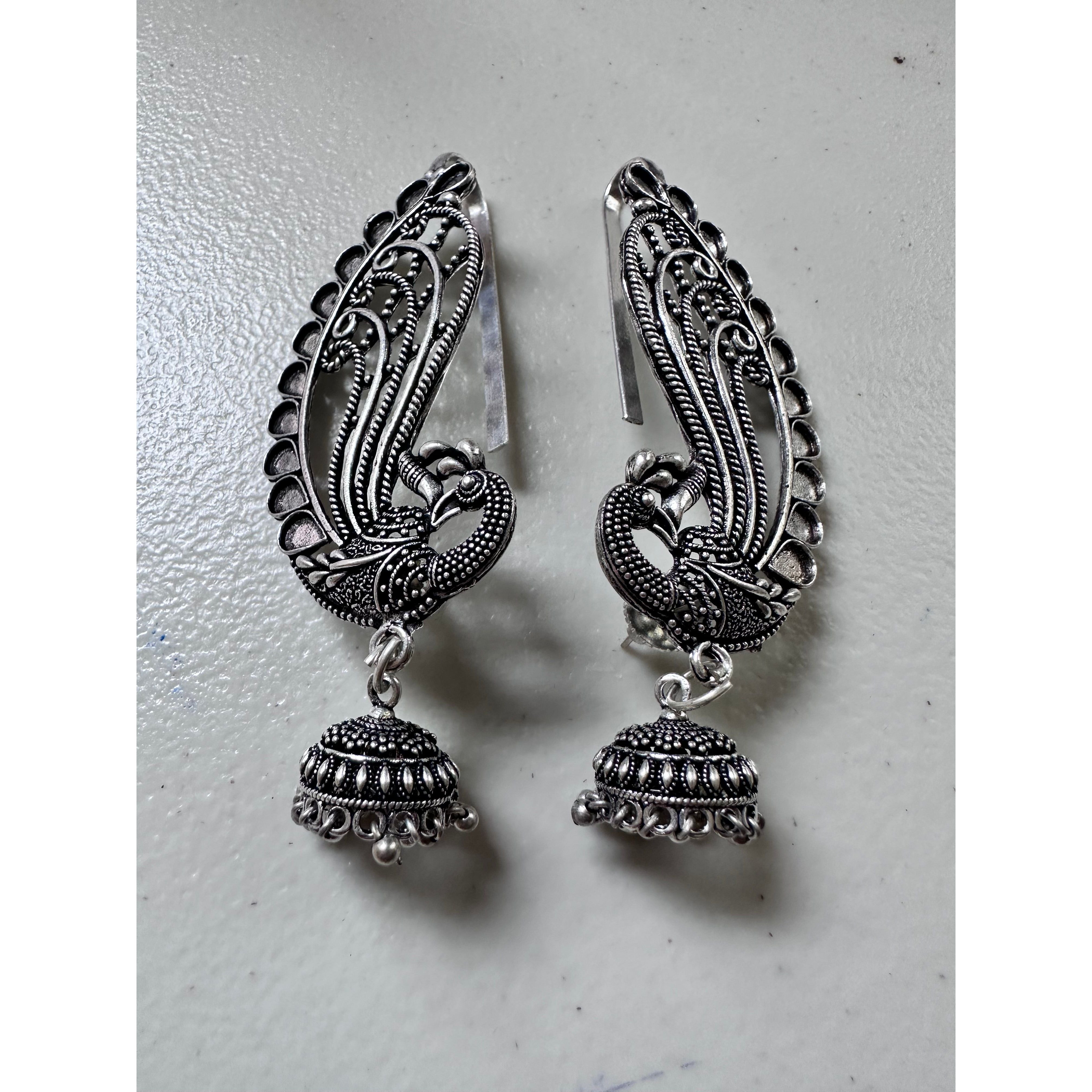 Elegant Peacock Feather Earrings with Adjustable Ear Cuff - Boho Chic Jewelry for Women | Perfect for Parties, Weddings & Special Occasions