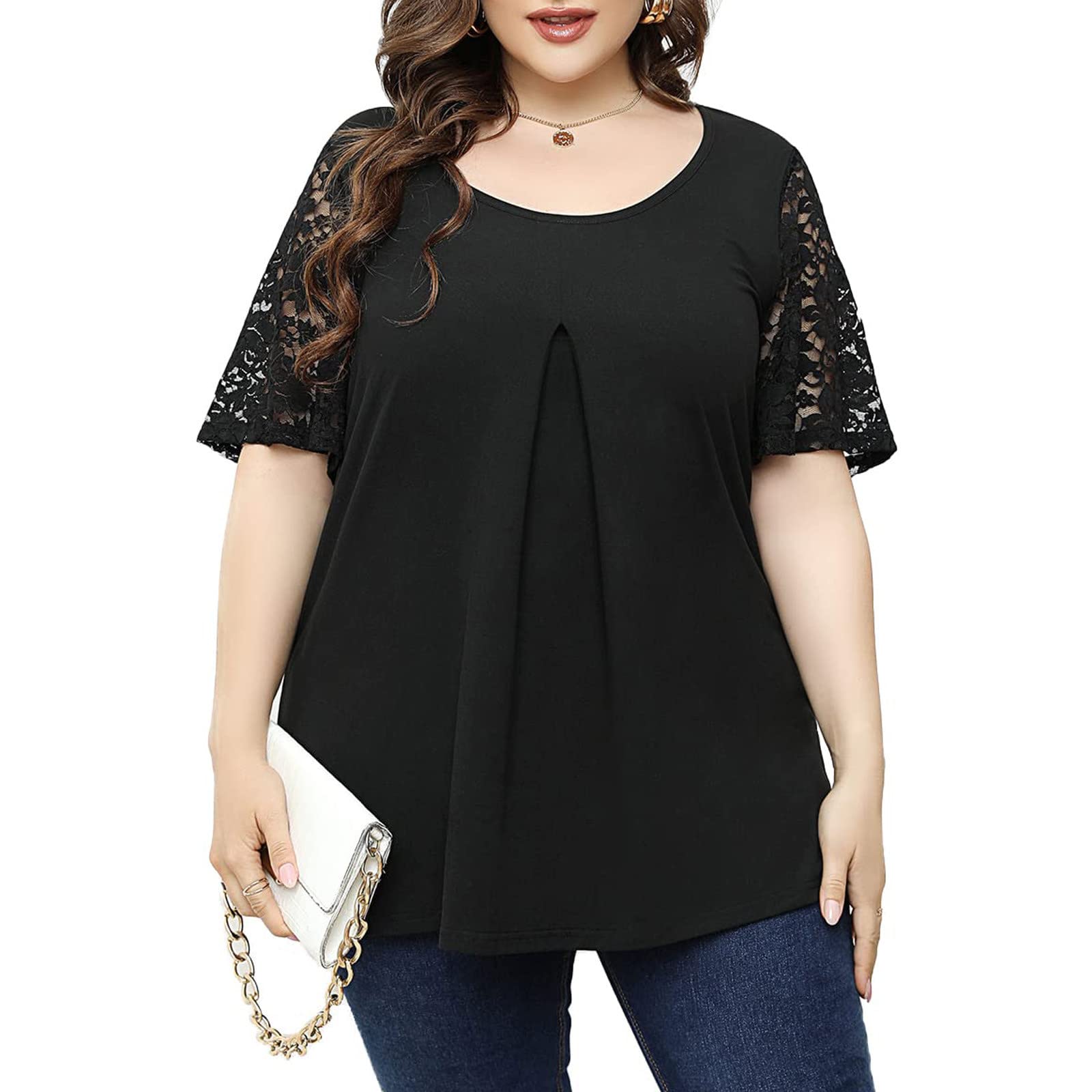 Plus Size Women's Summer Tops - Trendy Lace Short Sleeve Tee for Casual Wear