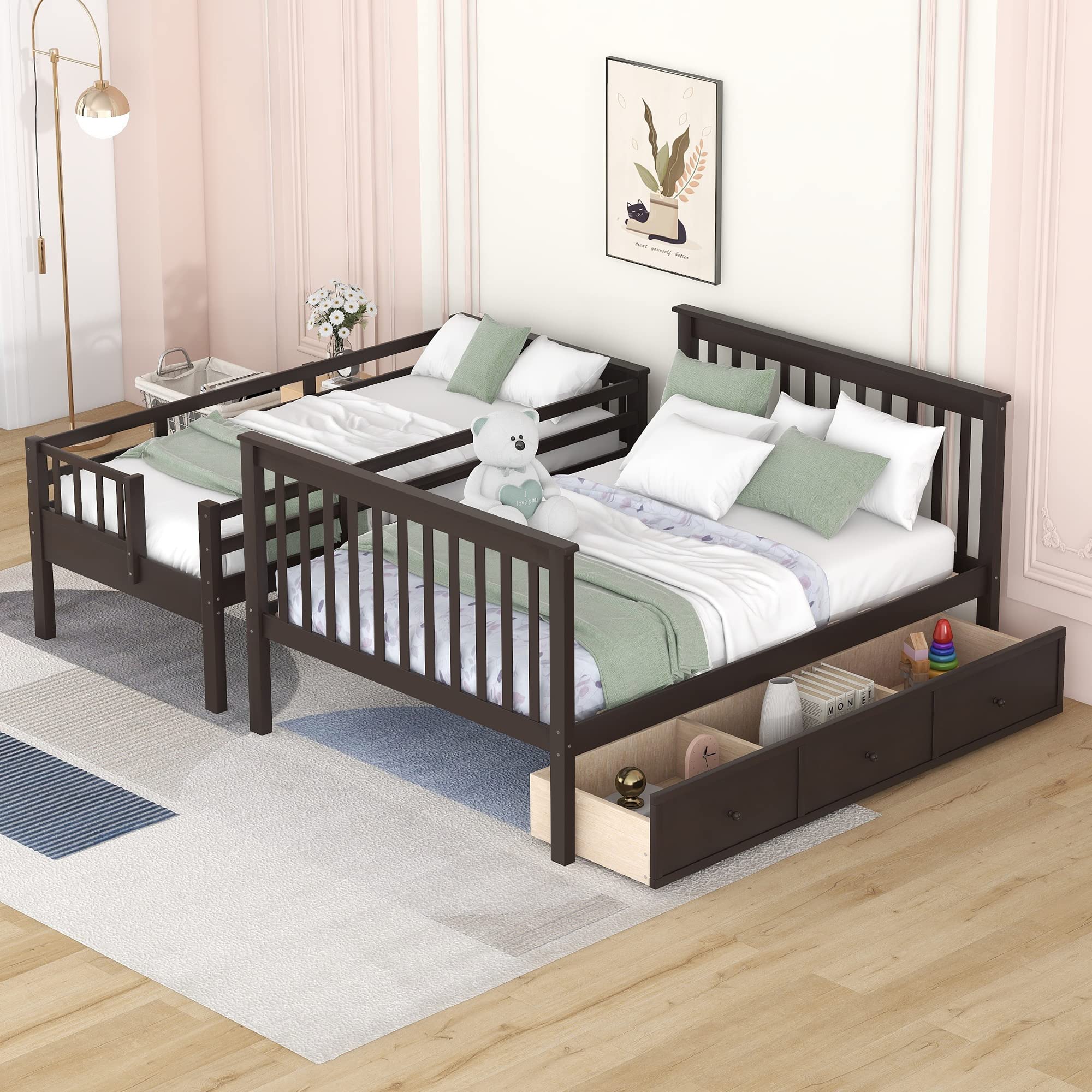 Twin Over Full Bunk Bed with Stairs and Storage - Wooden Stairway Bunk Bed with Drawers & Shelves for Bedroom, Dorm, Kids Room - Espresso Finish - Space Saving Furniture for Small Rooms & Shared Spaces