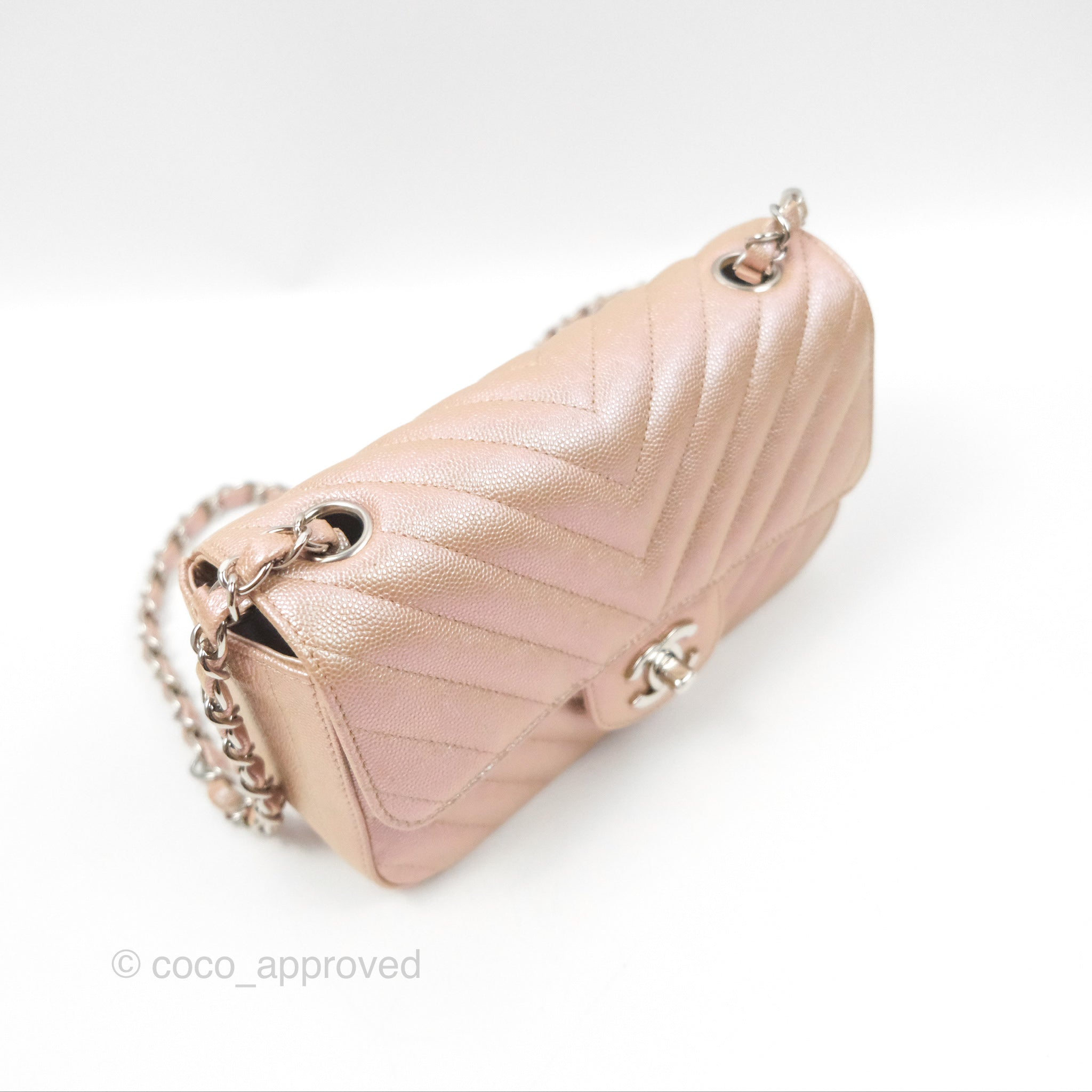 Chanel Chevron Mini Rectangular Flap Bag in Iridescent Rose Gold Caviar Leather with Ruthenium Hardware - Perfect for Evening Events & Luxury Fashion Accessories
