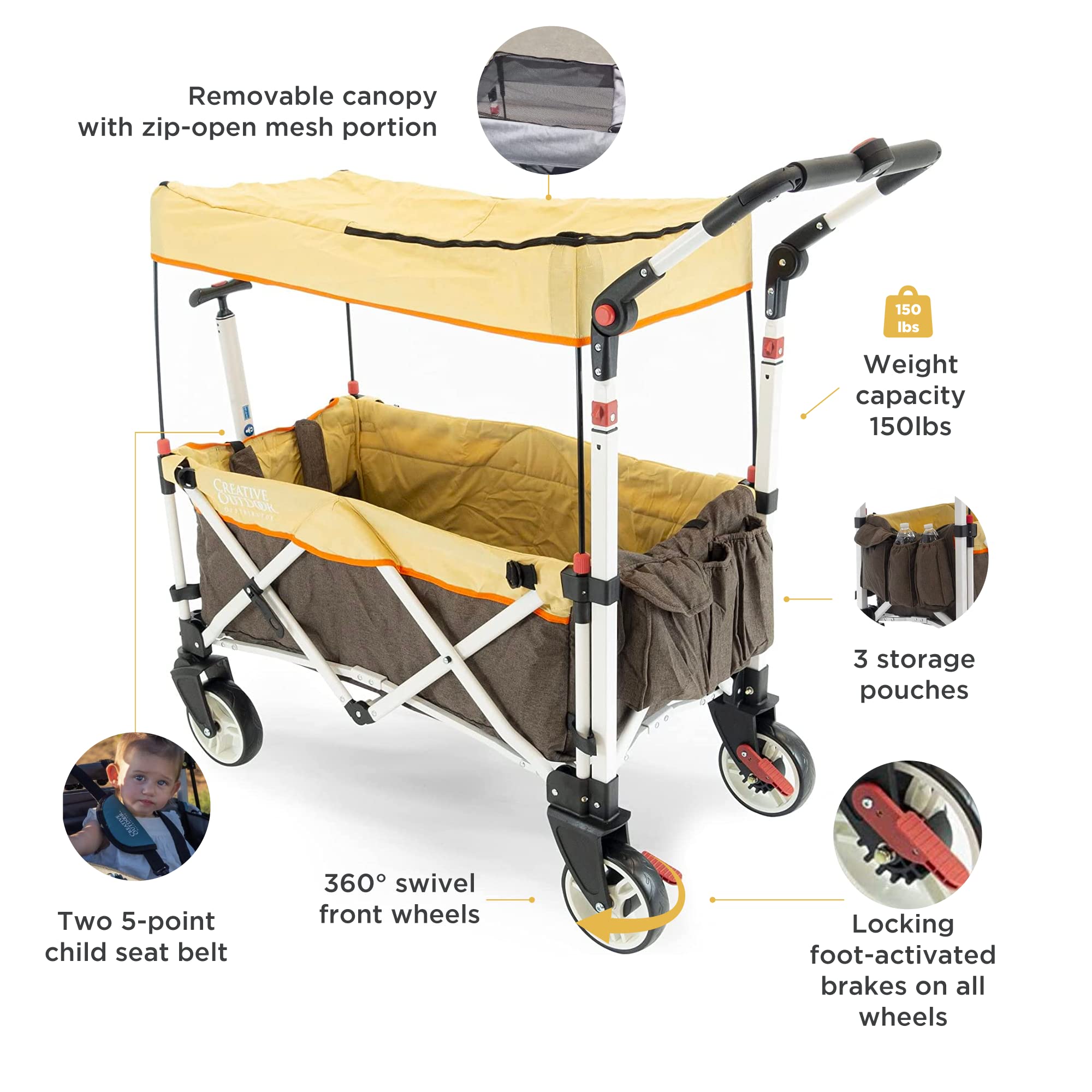 Ultra Compact Folding Stroller Wagon with Canopy - Lightweight Push Pull Design for Kids & Pets - Supports 150lbs - Perfect for Camping, Beach, Park & Sporting Events (Brown/Tan) - Ideal for Family Outings, Picnics & Outdoor Adventures