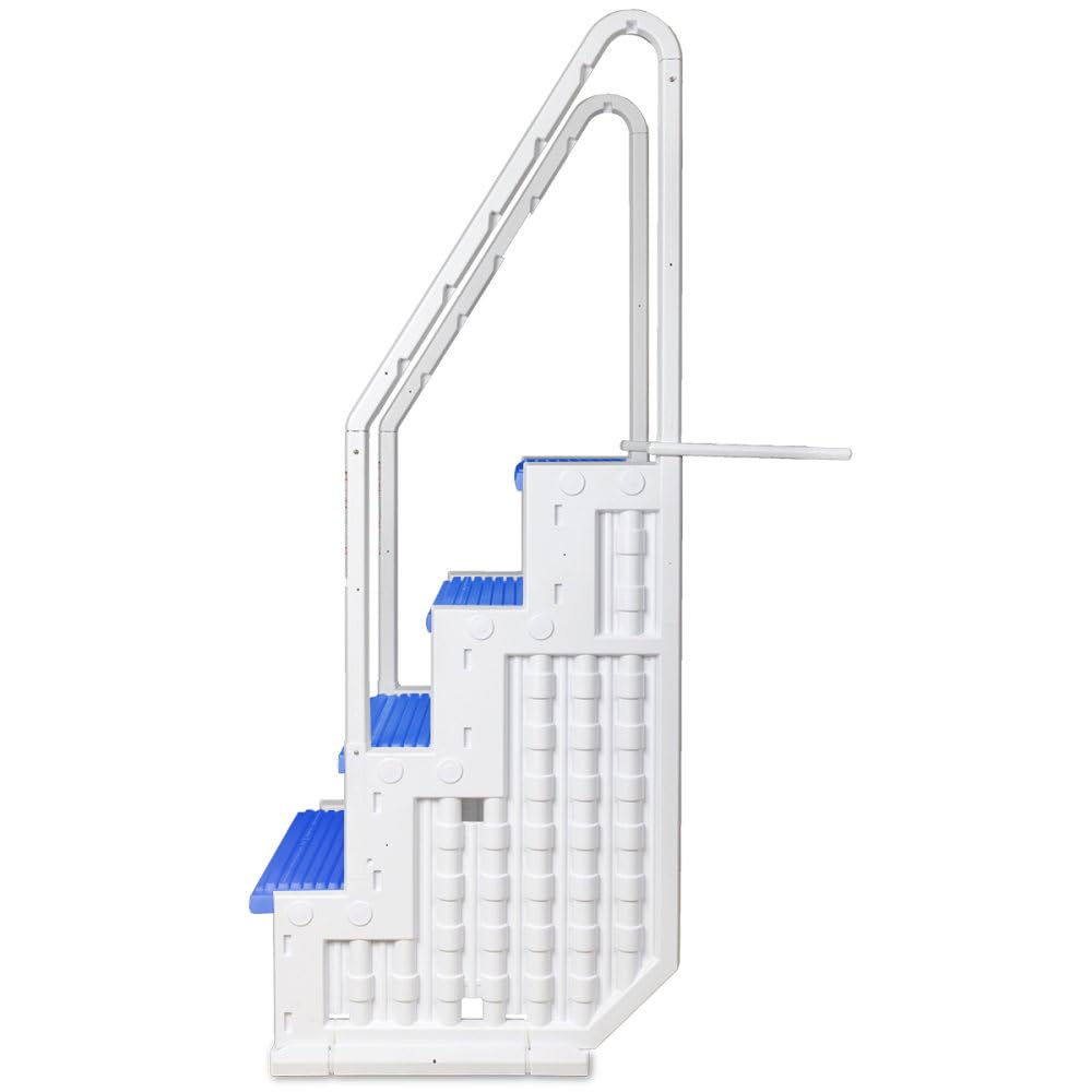 Aqua Select Everest Above Ground Pool Steps - White & Blue Safety Stairs for Swimming Pools (48-54 Inch Deck Mount) | 350 lb Weight Capacity | Perfect for Backyard, Inground & Outdoor Pool Access