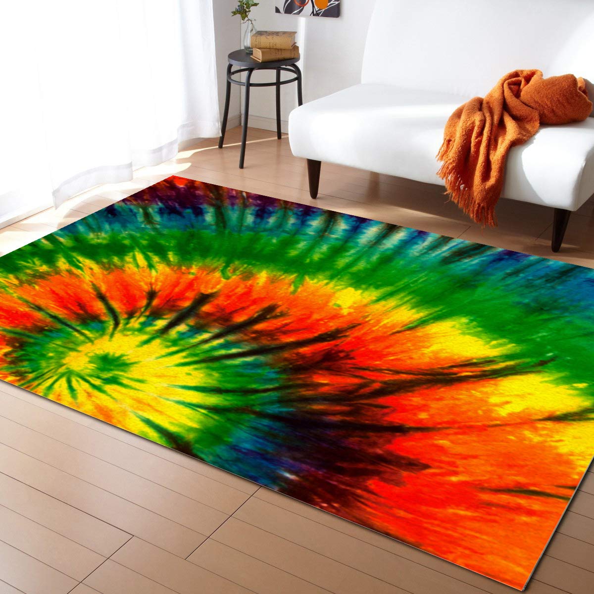 3'x5' Colorful Iridescent Tie-Dye Area Runner Rug - Green & Red Pattern, Washable Indoor Outdoor Carpet for Kitchen, Living Room, Bathroom, Bedroom, Classroom, Laundry Room - Perfect as Doormat, Desk Mat or Welcome Door Mat for Home & Office Decor