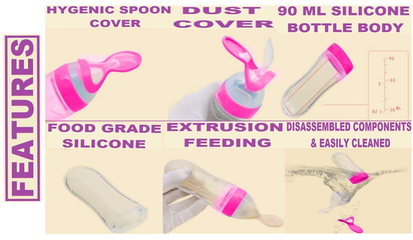 The Cheeky Kidzz Baby Silicone Squeeze Spoon - Rice Cereal Feeder Bottle with Fruit Rattle Nibbler Teether for Toddlers (Design 32, Multicolor) - Perfect for Mess-Free Feeding & Teething Relief On-The-Go