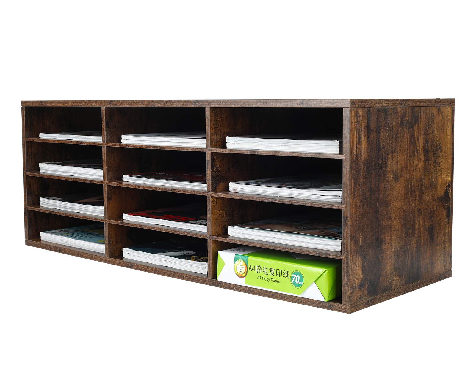 Wooden PAG Mail Sorter Organizer - 12 Compartment Desktop Paper Organizer for Office, Home & Classroom - Antique Brown Literature Holder for Bills, Letters & Documents - Perfect for Teachers, Students & Home Organization