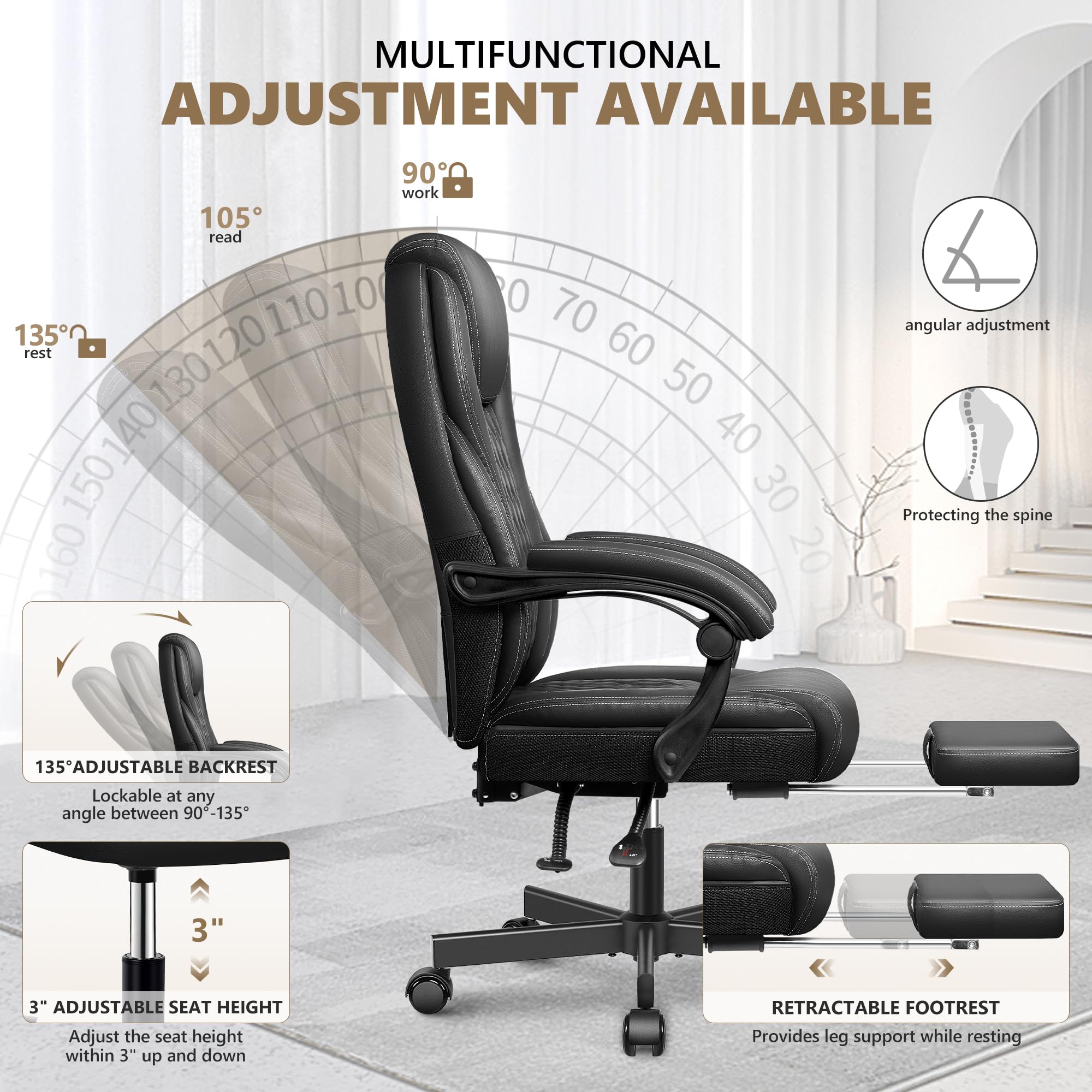Premium Big and Tall Executive Office Chair - High Back Ergonomic Leather Desk Chair with Adjustable Height, Wheels & Lumbar Support - Home Office Computer Chair with Footrest (Black) - Perfect for Long Work Hours & Conference Room Meetings
