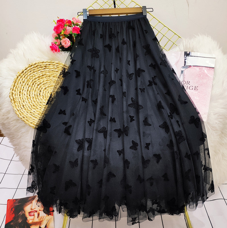 Butterfly Print Mesh High Waist Midi Skirt - Flowy Long Skirt for Women - Perfect for Summer Outfits, Beach Vacations & Boho Fashion