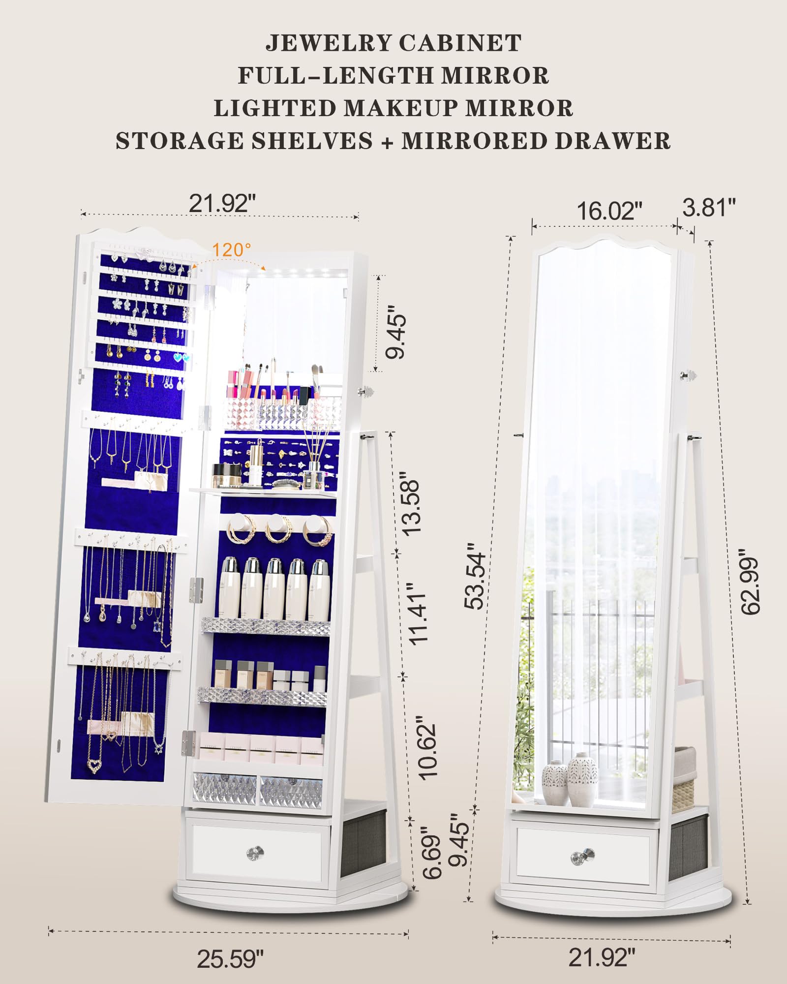 Full-Length Standing Mirror Jewelry Cabinet with LED Lights, Ample Storage & Rotating Shelf - White | Perfect for Bedroom, Dressing Room & Closet Organization