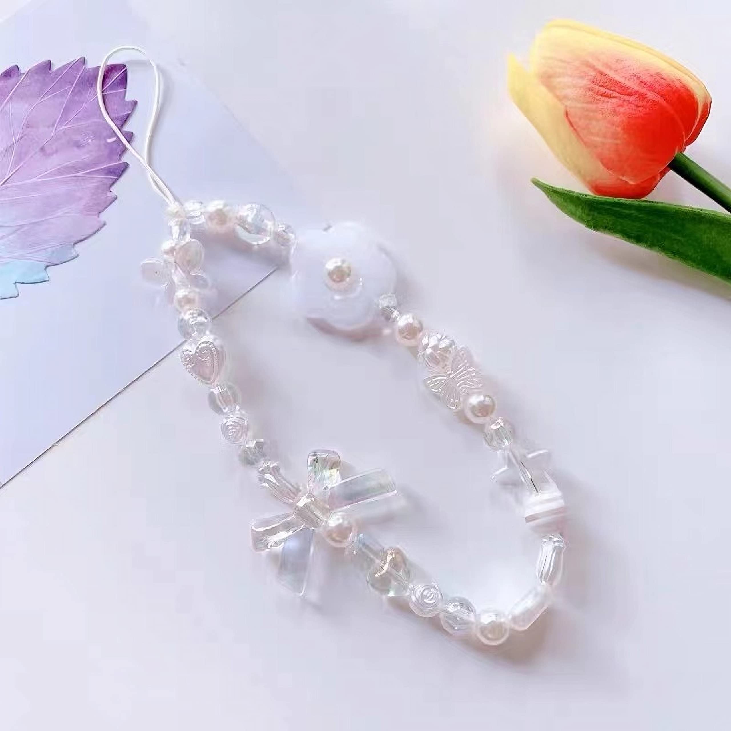 Pink Cute Beaded Phone Charms Strap - Aesthetic Love Pearl Phone Chain for Girls, Jewelry Lanyard with Flowers, Perfect for Everyday Use and Gift Giving