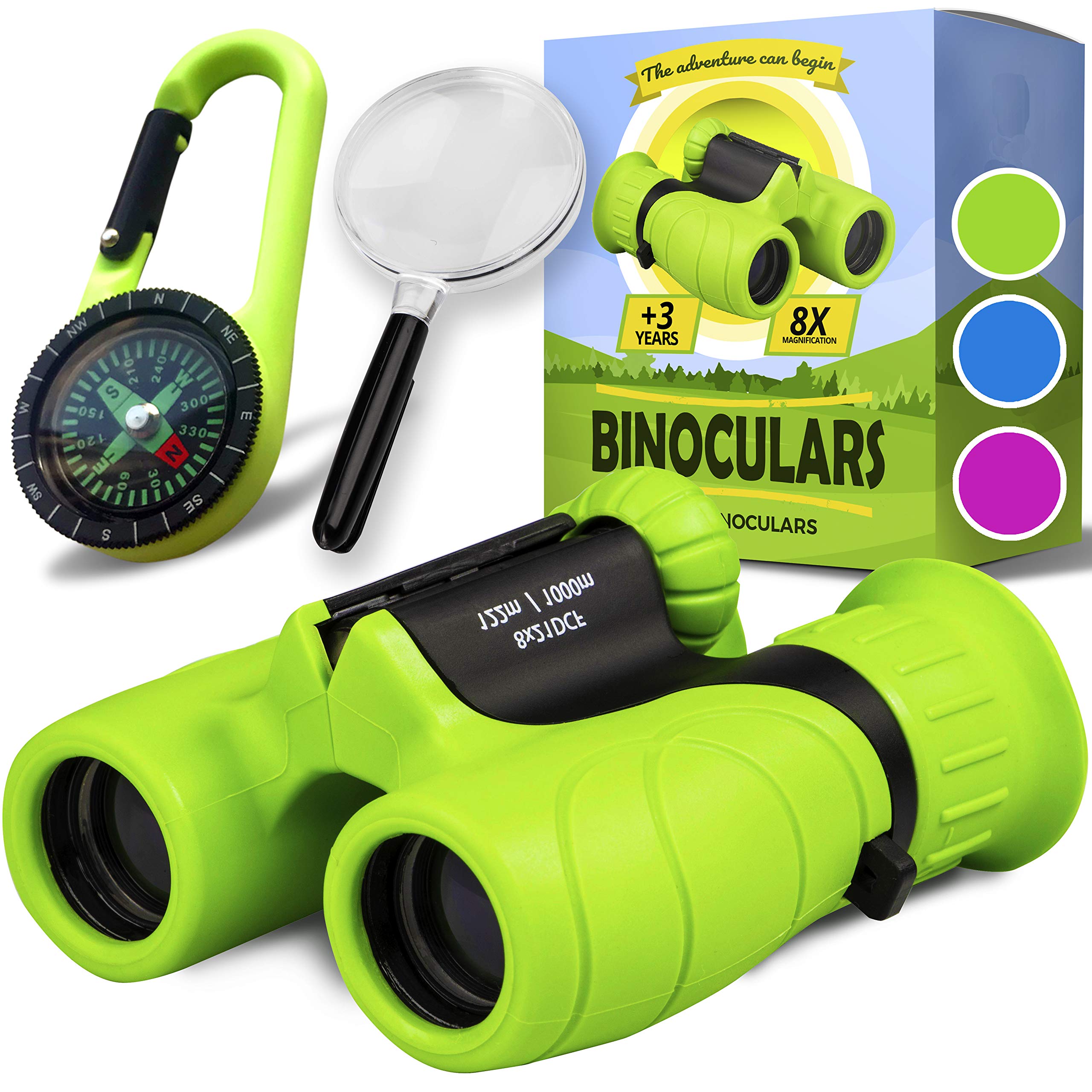 Promora Kids Binoculars with Magnifying Glass & Compass - Purple Binocular Set for Boys & Girls Ages 3-12 | Outdoor Exploration, Bird Watching, Camping & Easter Gift for Toddlers