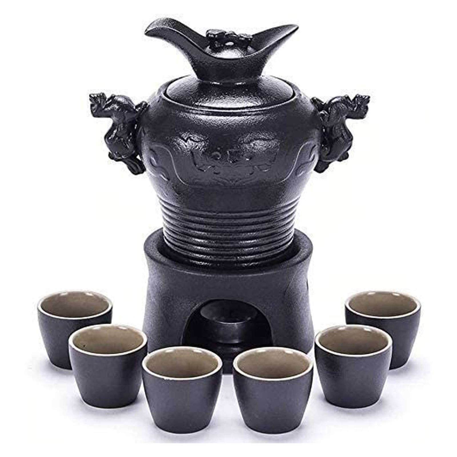 Premium 8-Piece Black Ceramic Sake Set with Dragon Design - Includes Warming Pot & Candle Stove - Traditional Japanese Sake Cups for Home Entertaining, Gift for Wine Lovers & Sake Enthusiasts - Perfect for Dinner Parties, Asian Cuisine Nights & Special Occasions