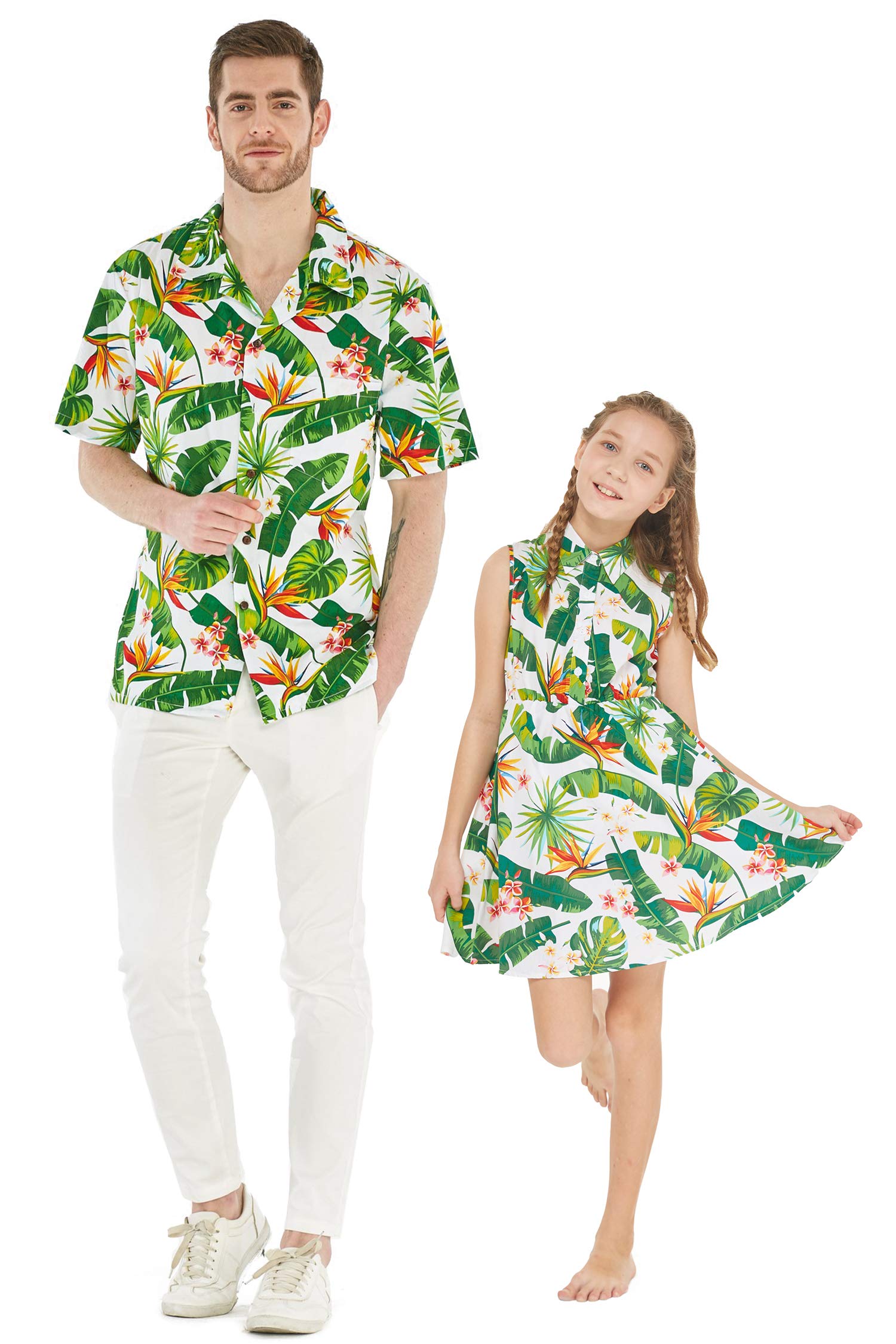 Father Daughter Matching Hawaiian Luau Shirts - Tropical Flamingo Print Aloha Shirt & Dress Set for Beach Party, Family Vacation, and Dance Performance