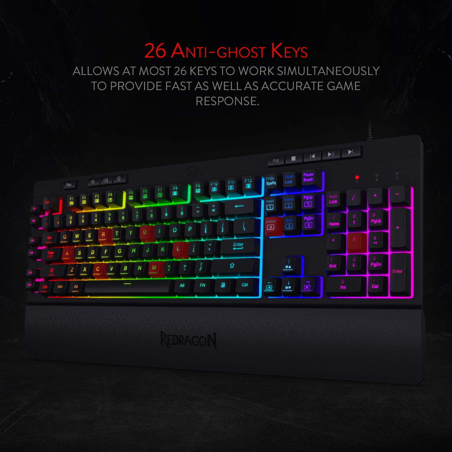 Redragon K512 Shiva RGB Backlit Membrane Gaming Keyboard - Quiet Mechanical Feel, 6 On-Board Macro Keys, Dedicated Media Controls, Detachable Wrist Rest | Perfect for PC Gaming, Office Work & Typing | Black