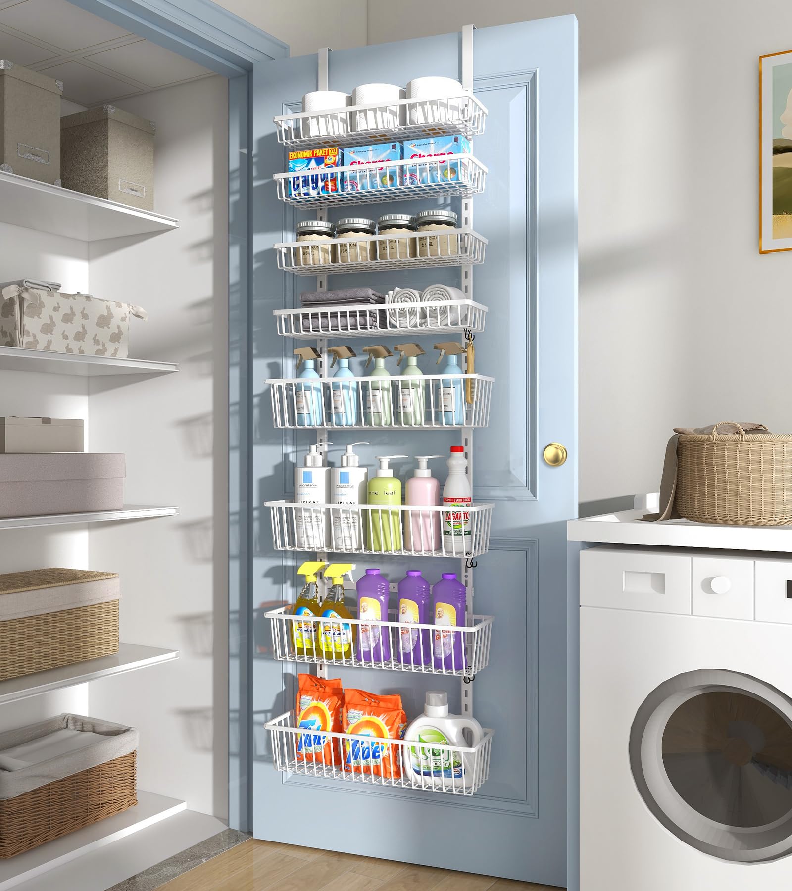 Over The Door Pantry Organizer - 8-Tier Heavy Duty Metal Hanging Storage Baskets for Spices, Seasonings & Kitchen Essentials | Space Saving Wall Mount Rack for Pantry, Laundry Room & Bathroom Organization (White) | Perfect for Small Spaces & Clutter-Free Home Storage