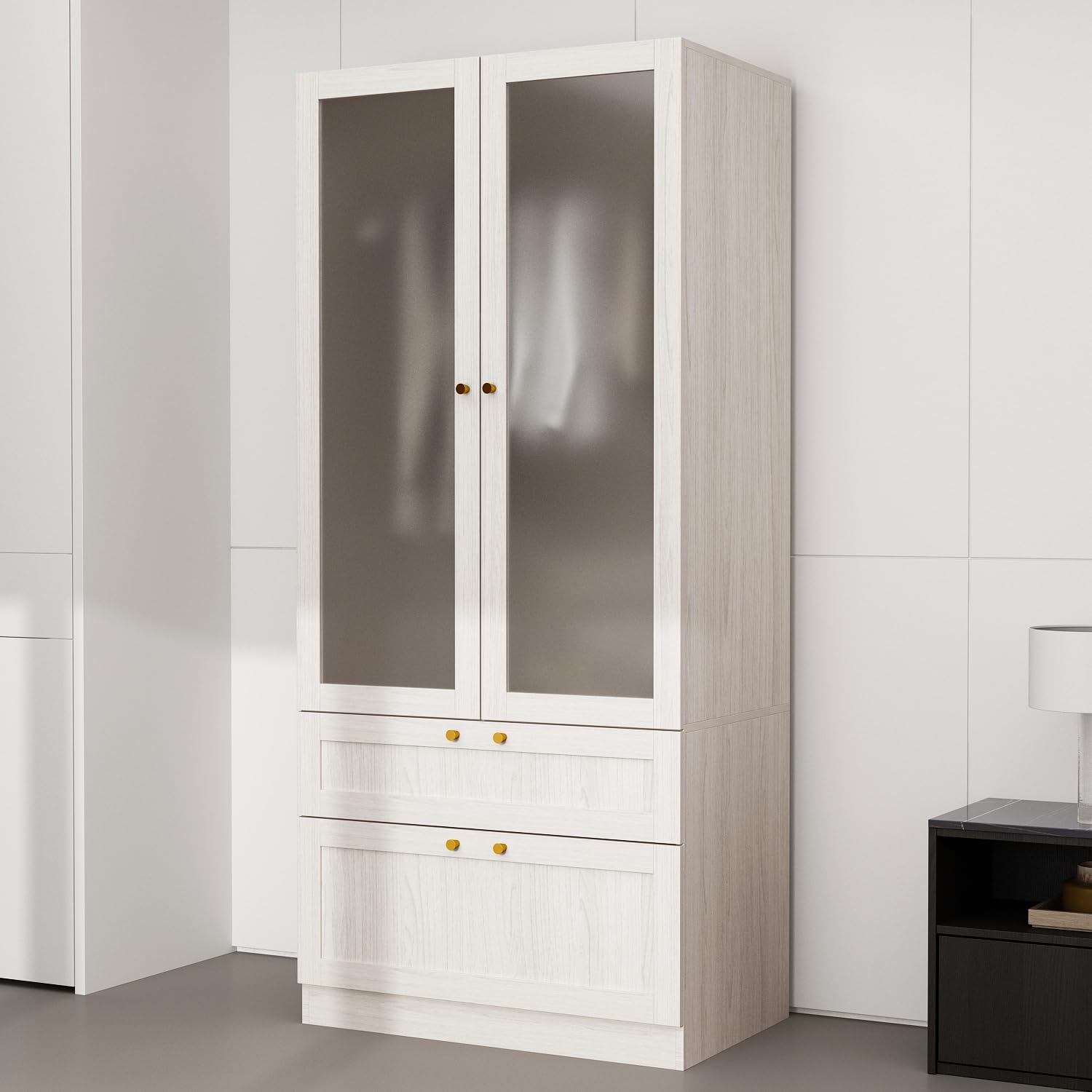 Hitow Wooden Wardrobe Cabinet with Frosted Glass Doors - 31.5