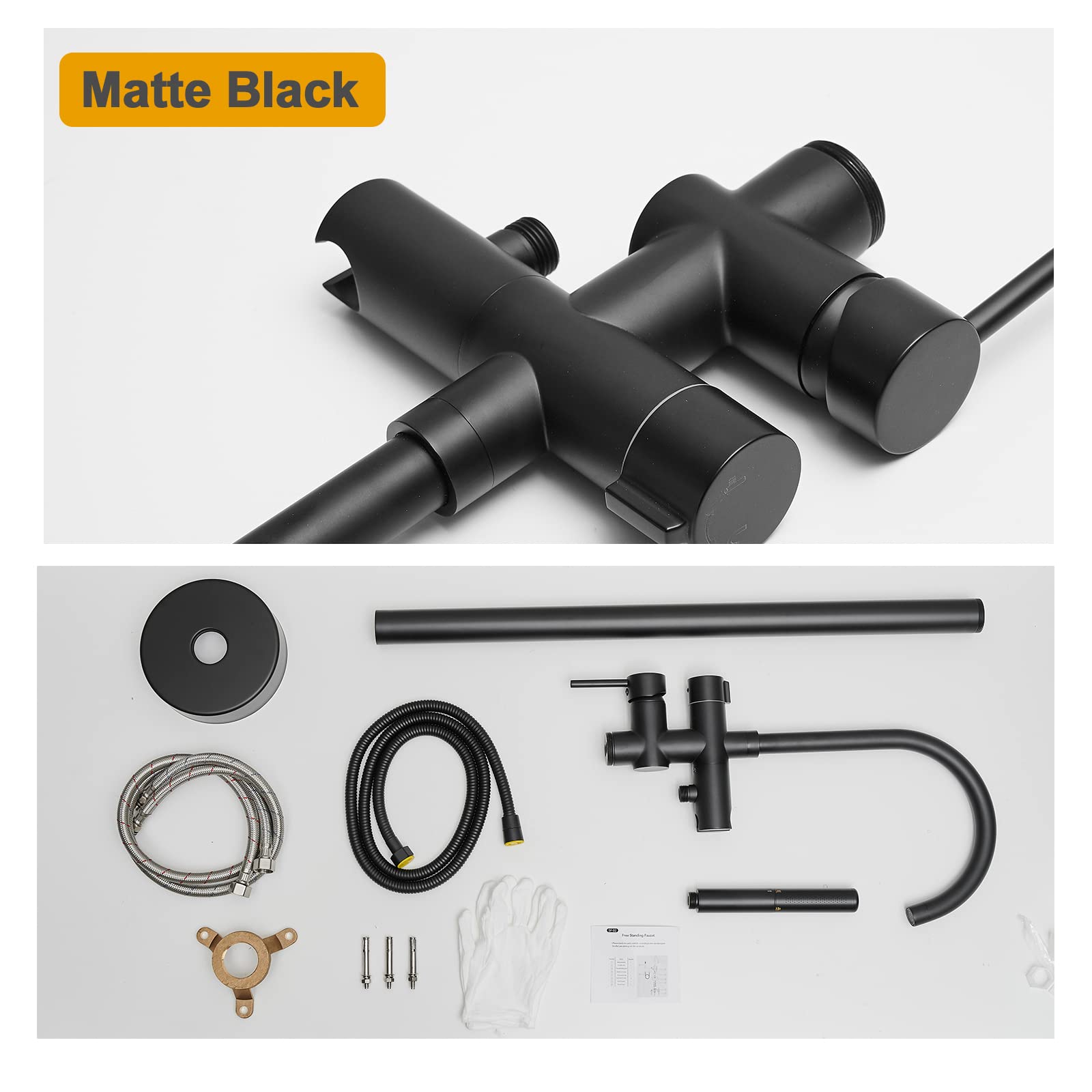 BESy Freestanding Bathtub Faucet - Floor Mount Brass Tub Filler with 2-Function Hand Shower Wand & Swivel Spout, Matte Black Finish - Perfect for Modern Bathroom Renovation and Spa-Like Relaxation