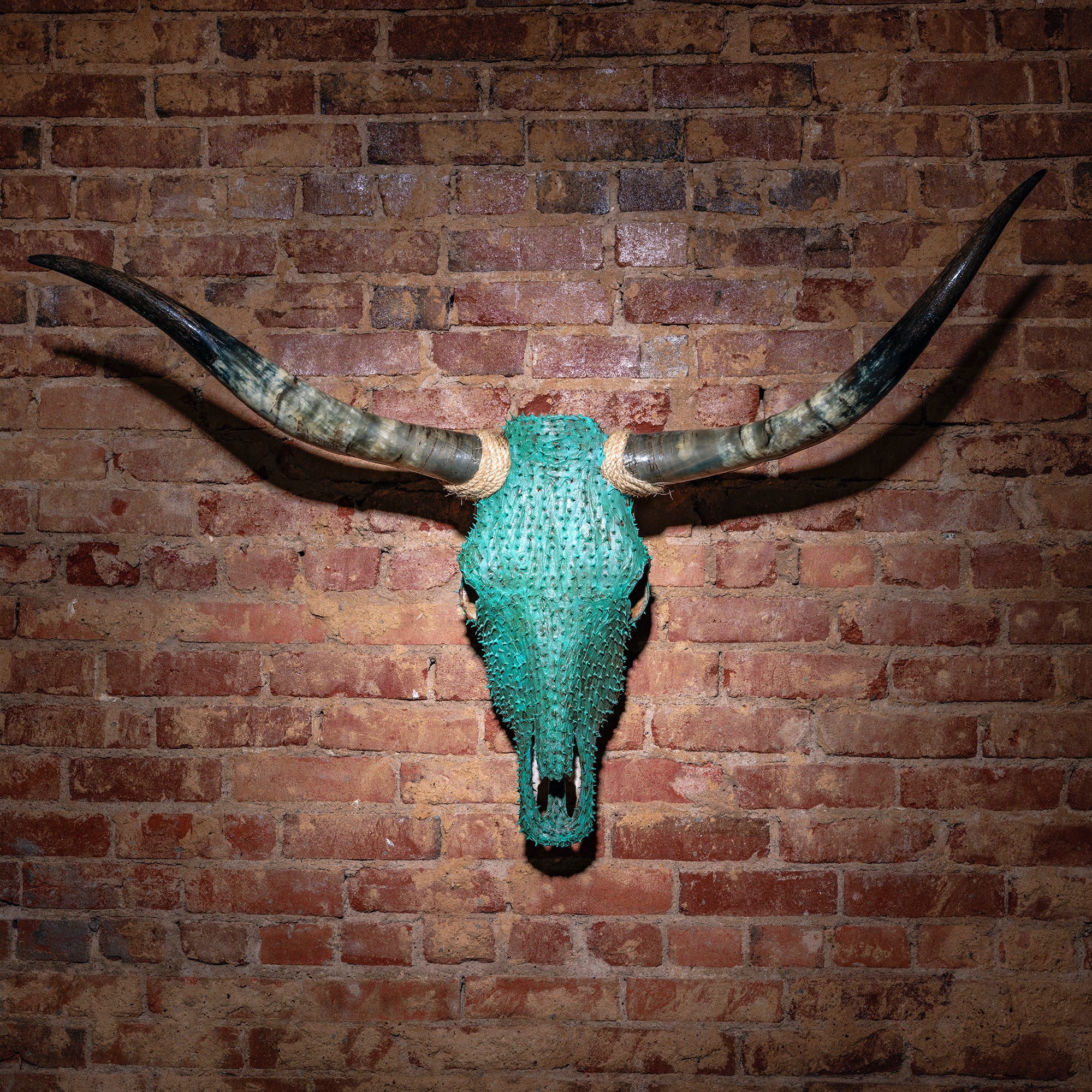 Emerald Green Ostrich Covered Longhorn Skull Wall Decor with Rope Accents - Western Home Decor, Cowboy Bar, Ranch Style Living Room