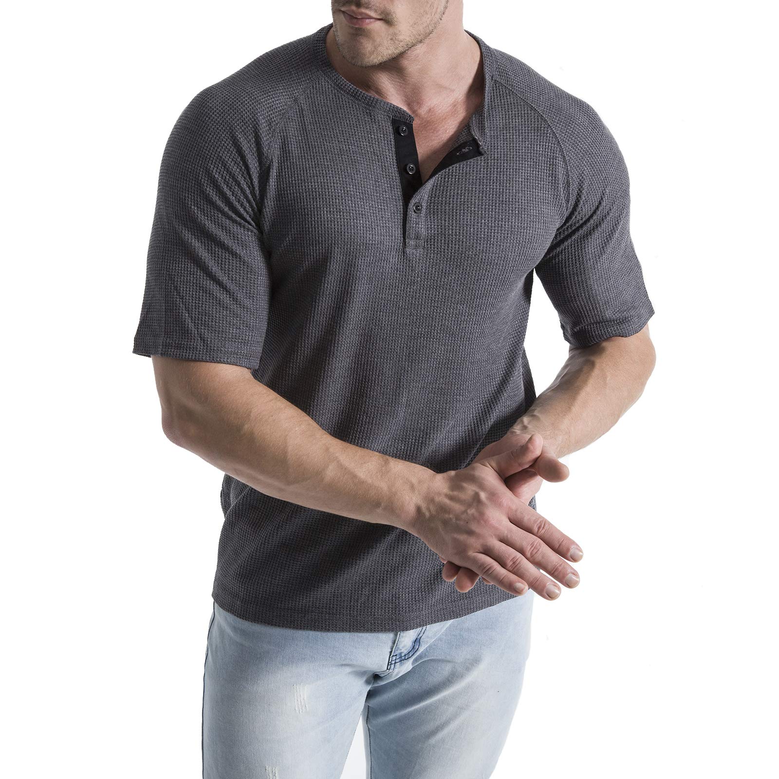 LOCALMODE Men's Waffle Henley Long Sleeve T-Shirt | Casual Crew Neck Shirt for Men | Perfect for Layering, Outdoor Activities & Everyday Wear