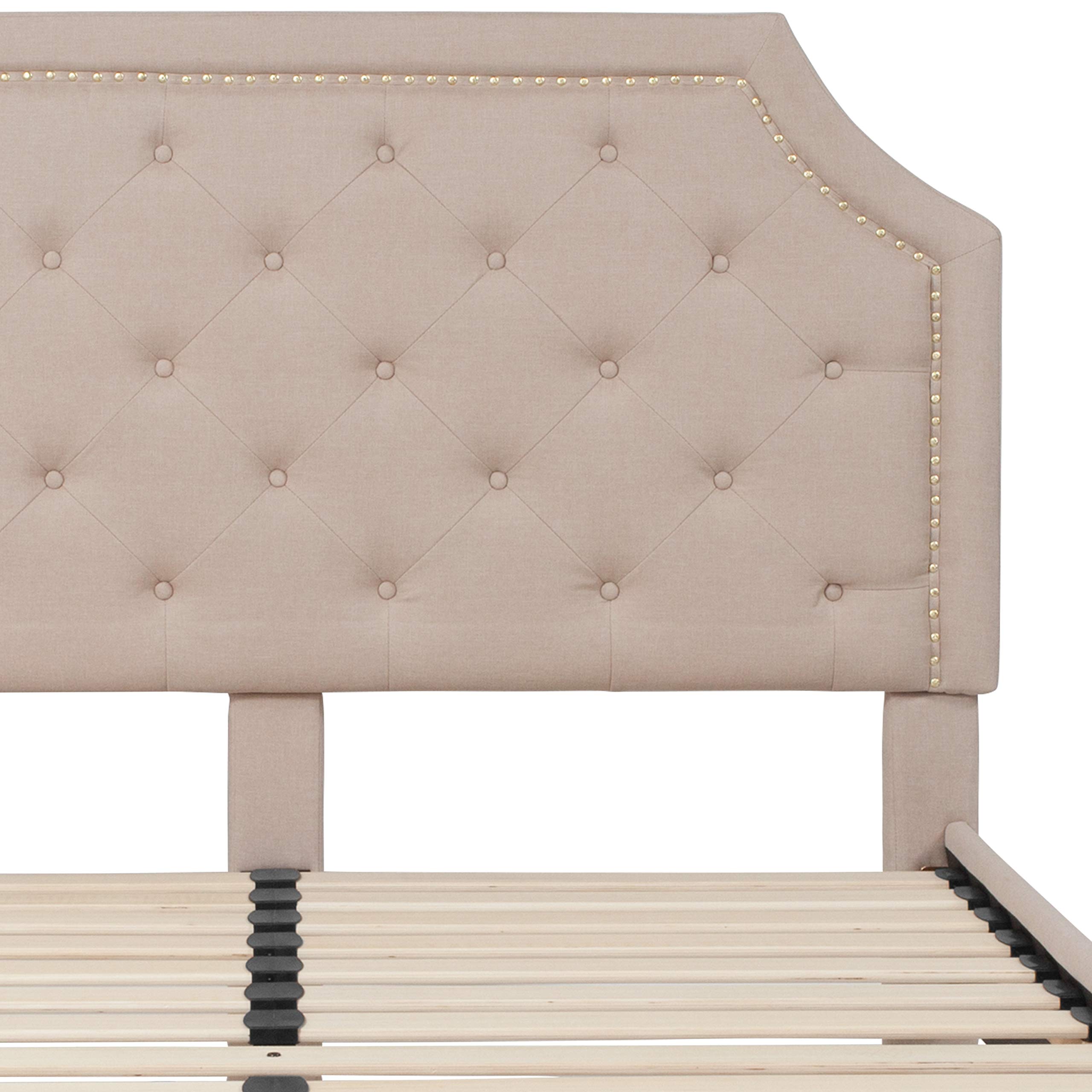 Queen Size Arched Tufted Upholstered Platform Bed Frame - Beige Fabric Upholstery Headboard with Wooden Slat Support | Perfect for Master Bedroom, Guest Room & Apartment Decor