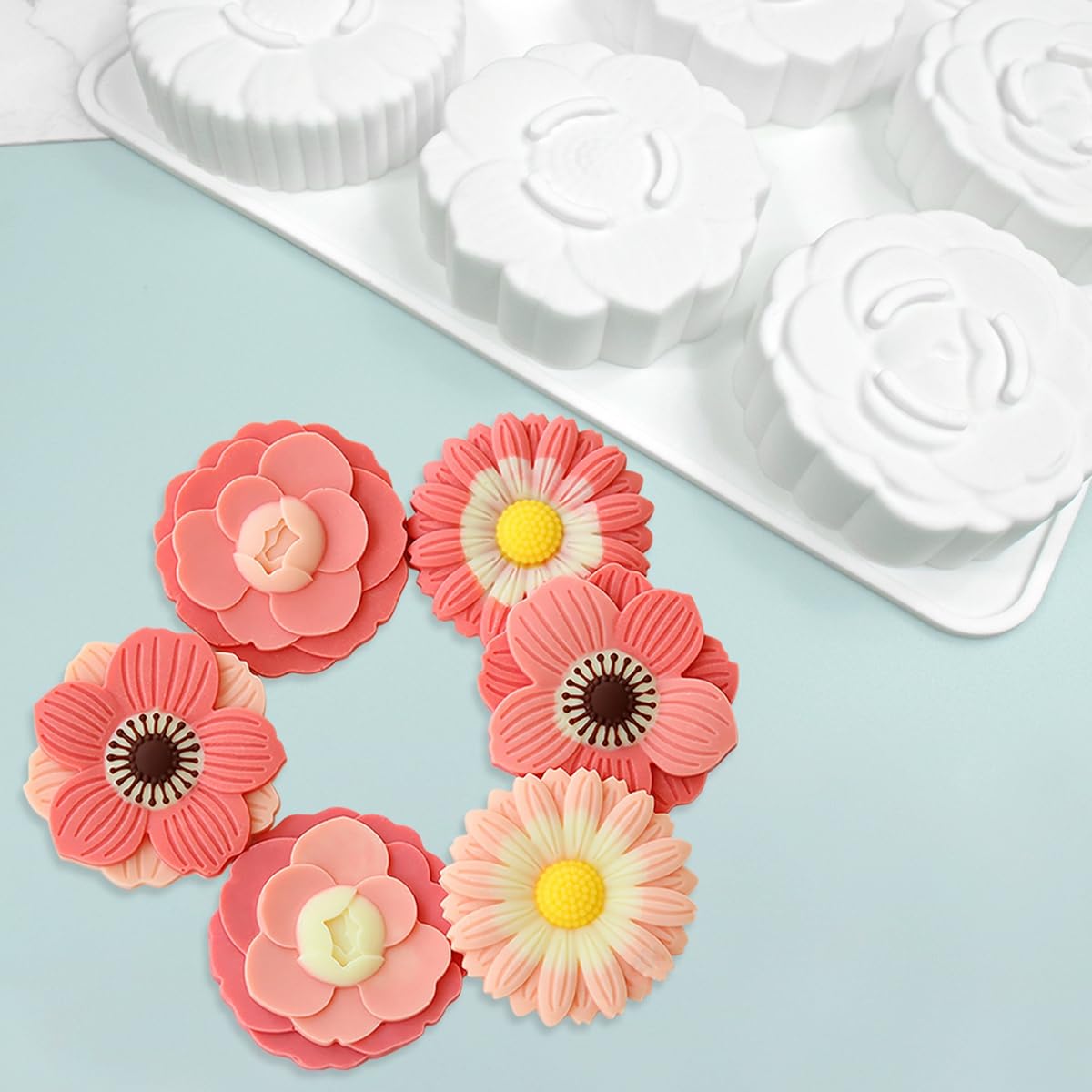 Mostsom 6-Cavity Flower Silicone Cake Mold - DIY Baking Tool for Cupcakes, Bread, Mooncakes - Reusable Non-Stick Silicone Mould for Home Baking & Party Dessert Decorations