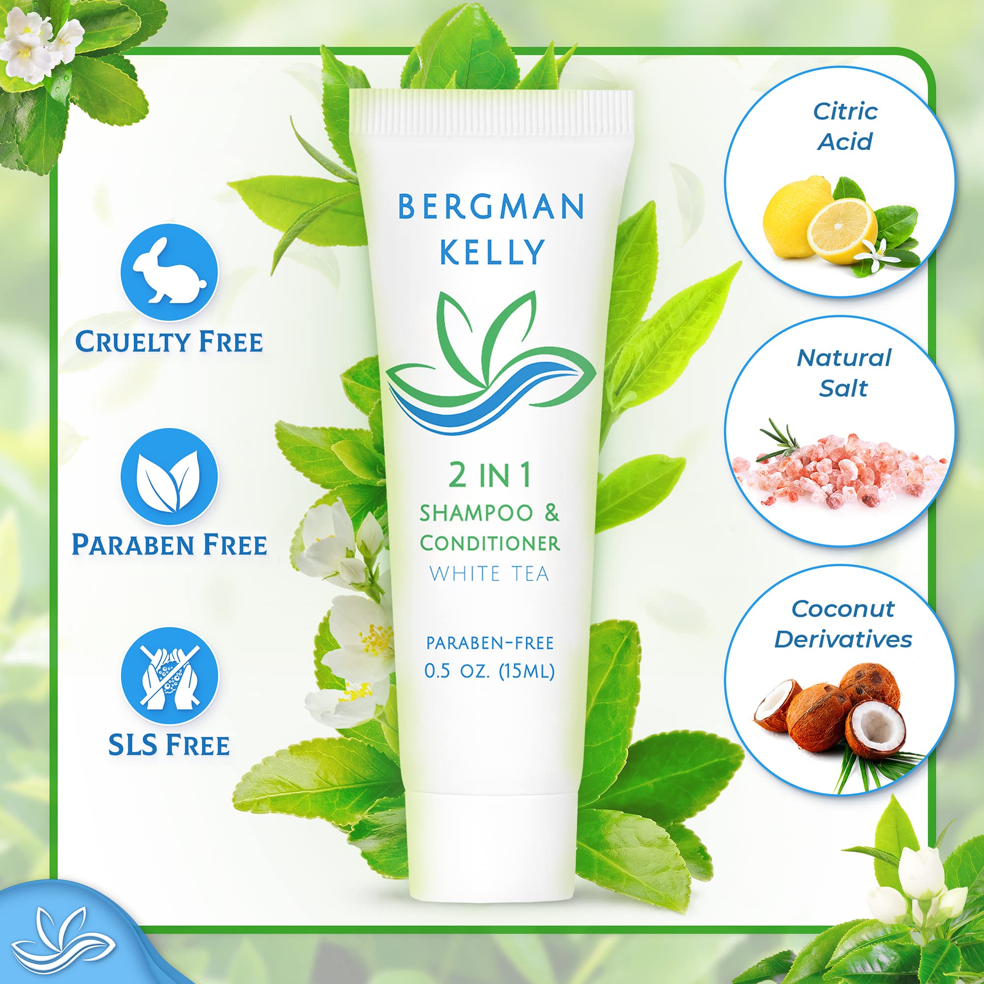 Bergman Kelly - 2 in 1 Shampoo & Conditioner Travel Size (0.5 fl oz, 200 Pack) - White Tea Scent - Bulk Hotel Toiletries for Guests - Refreshing & Revitalizing Formula | Perfect for Hotels, Spas, Airbnb, Travel Kits & Hospitality Amenities