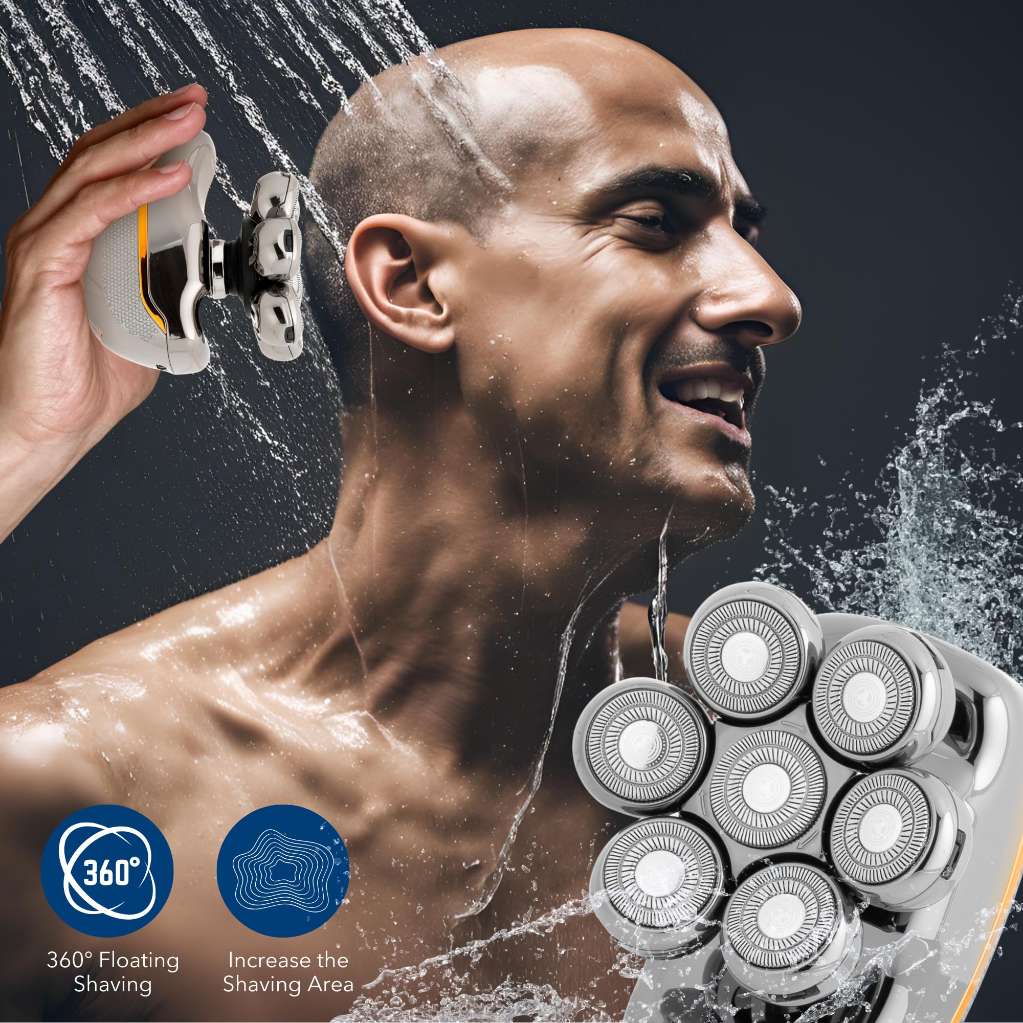 LASTBP 7D Rotary Electric Head Shaver for Bald Men - Waterproof Rechargeable Shaver with Detachable Heads for Smooth Shaving | Perfect for Travel, Gym & Daily Grooming Routine