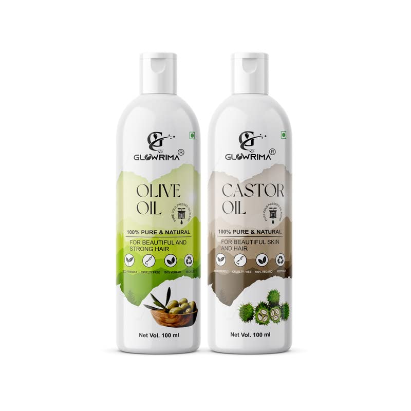 Glowrima 100% Pure Olive Oil & Castor Oil Combo Set (100ML Each) - Natural Hair Growth Treatment for Thicker, Stronger Hair - Reduces Hair Fall & Split Ends - Promotes Soft, Shiny Hair - Perfect for Daily Hair Care & Scalp Massage (Pack of 2)