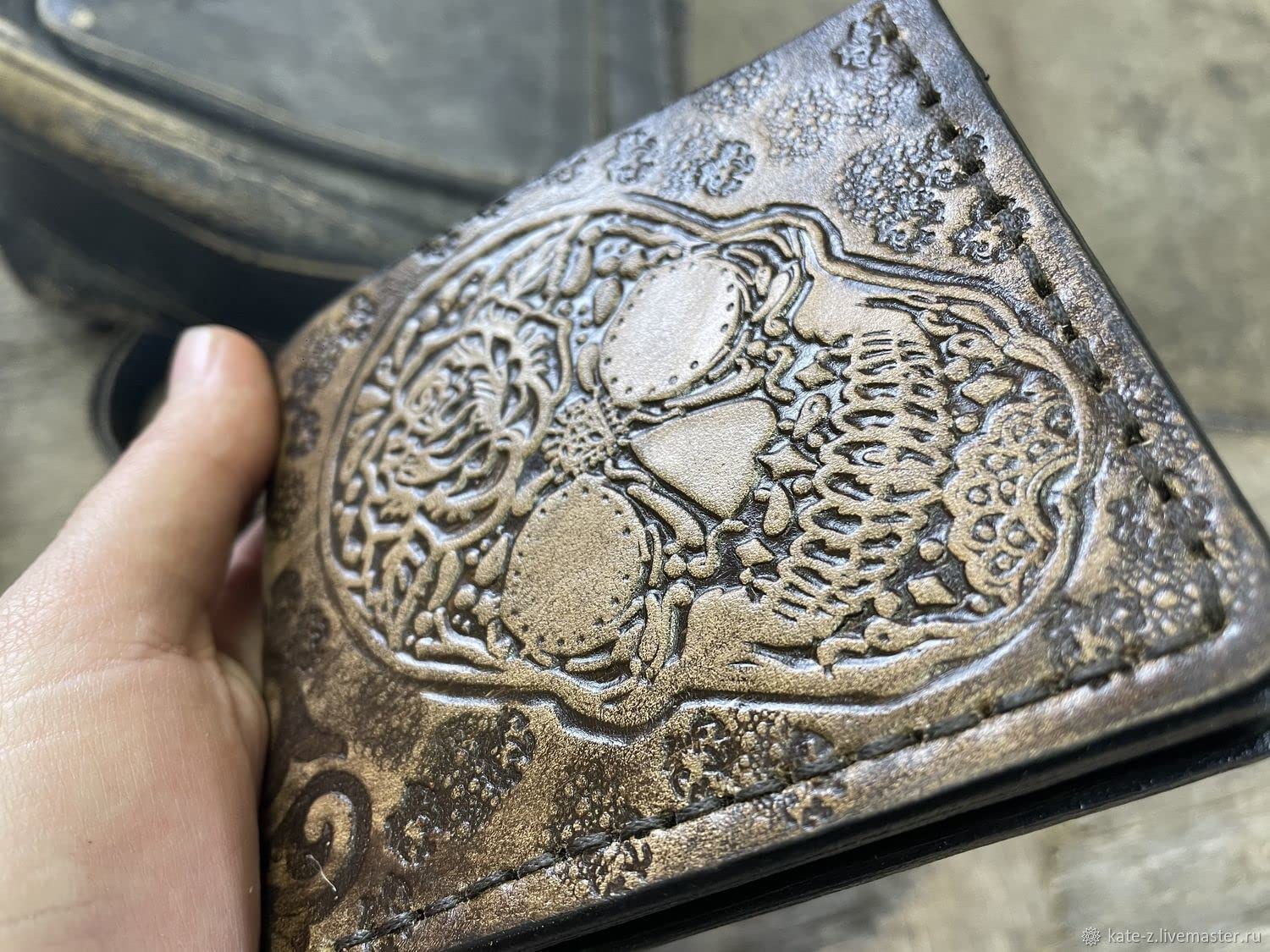 Handcrafted 3D Sugar Skull Men's Genuine Leather Wallet - Custom Carved & Tooled Biker Wallet with Airbrush Art - Perfect for Motorcycle Enthusiasts & Unique Gift Giving