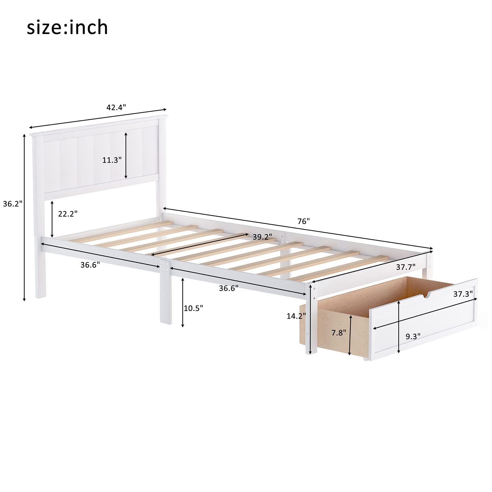 **White Wooden Twin Bed Frame with Headboard & Storage Drawer - Sturdy Platform Bed for Kids, Teens & Adults - No Box Spring Needed - Perfect for Small Rooms, Guest Bedrooms & Dormitories**