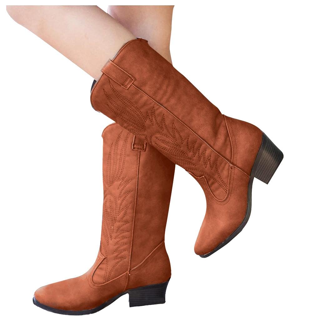 AODONG Women's Cowboy Boots - Square Toe Knee High Platform Boots, Retro Ankle Boots for Winter, Fashion Western Style (Perfect for Country Music Festivals, Rodeo Events & Winter Outfits)