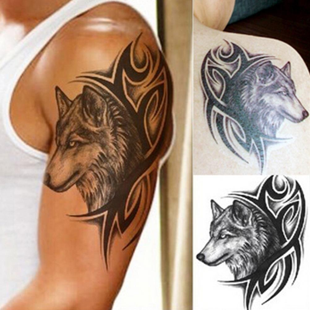 Waterproof 3D Temporary Tattoo Sticker - Realistic Black Wolf Face Design (8.3x6 inches) | Long Lasting Fake Tattoos for Halloween, Cosplay & Festival Body Art