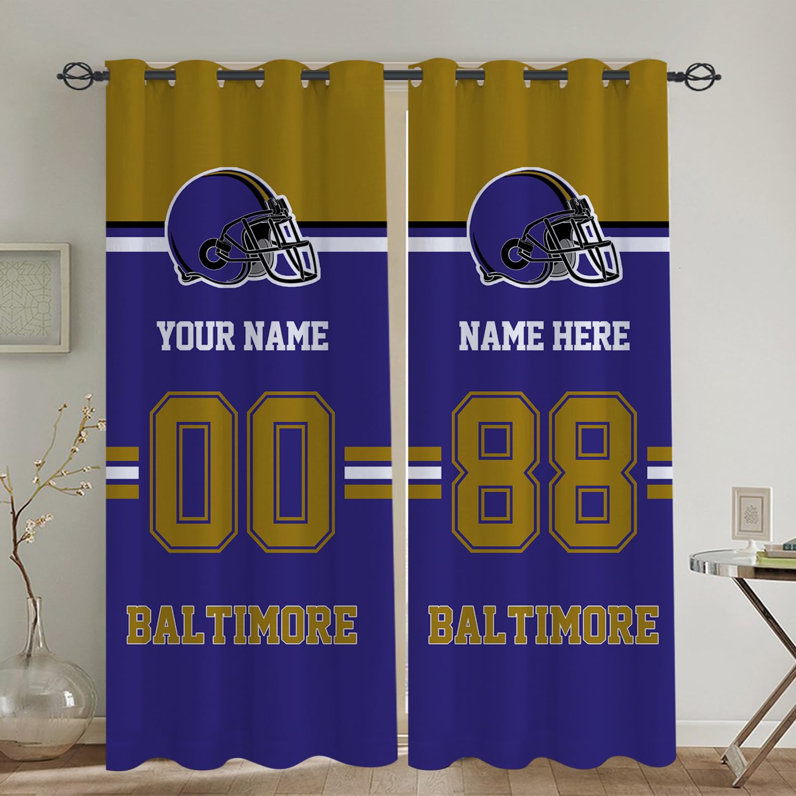 Custom Baltimore Blackout Curtain Panels with Name & Number - Personalized Football Style Bedroom Drapes for Men Fans (Set of 2 Panels) - Perfect for Game Rooms, Man Caves & Sports-Themed Bedrooms