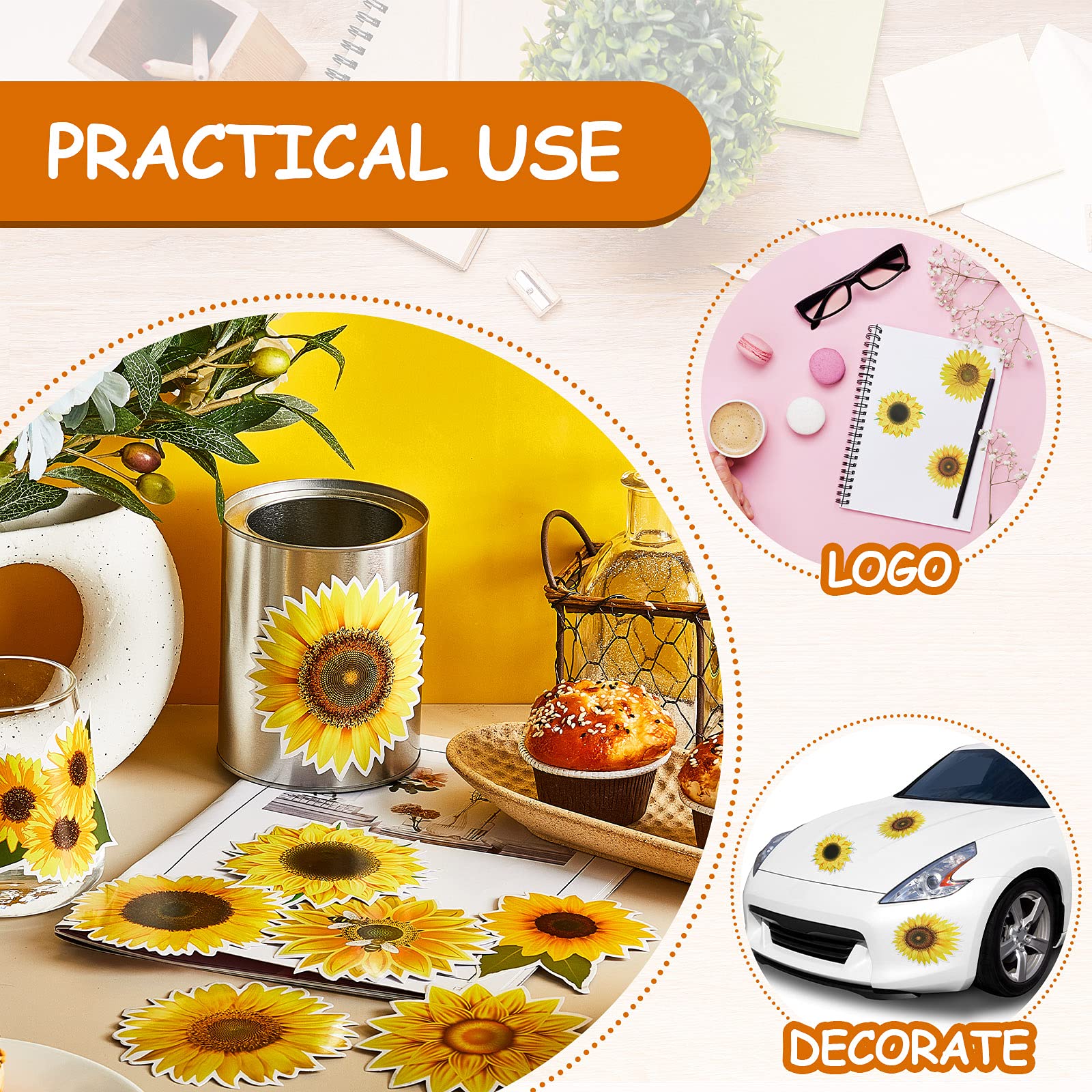 Waterproof Sunflower Vinyl Decals - 8-Pack Car Stickers for Bumper, Windows, Laptop | Durable Flower Decals for Classroom, Home & Office Decor | Outdoor & Indoor Use