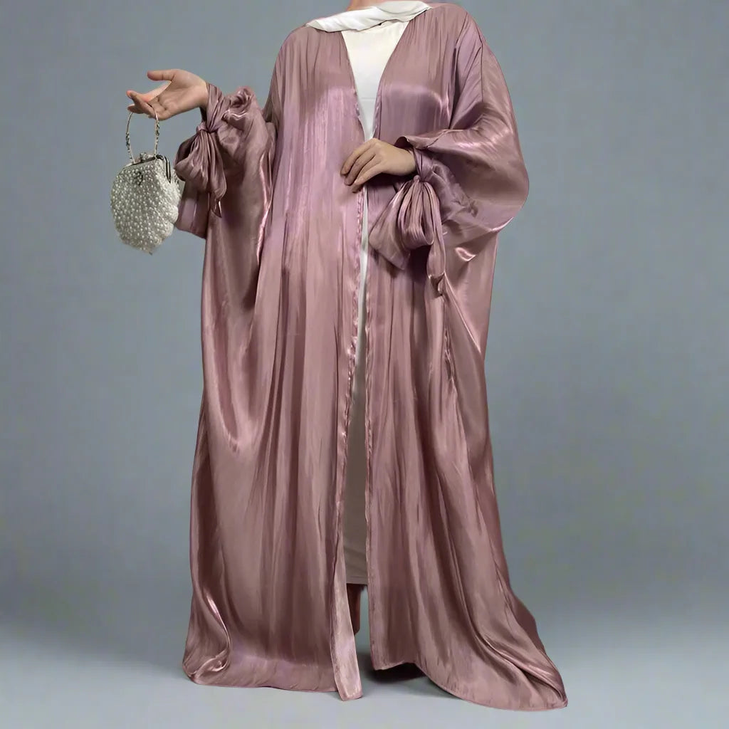 Elegant Muslim Abaya Dress - Soft Silk Satin Open Cardigan for Women | Perfect for Prayer, Mosque, and Special Occasions