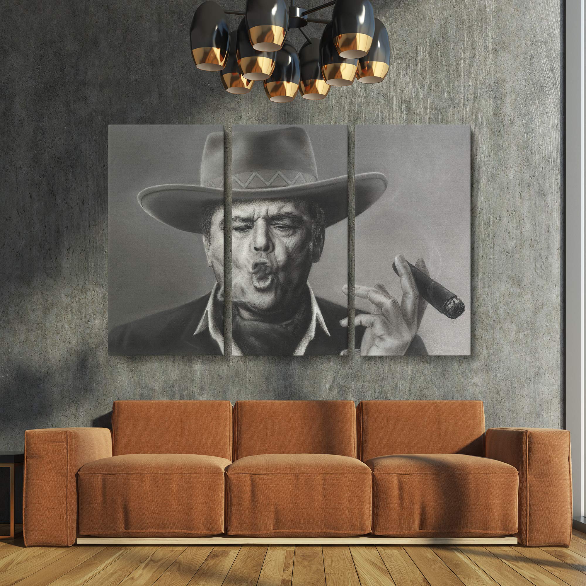 Jack Nicholson Smoking Canvas Wall Art - Famous Actor Portrait Painting - 3 Piece Medium Horizontal Canvas Prints for Living Room, Bedroom & Office Decor