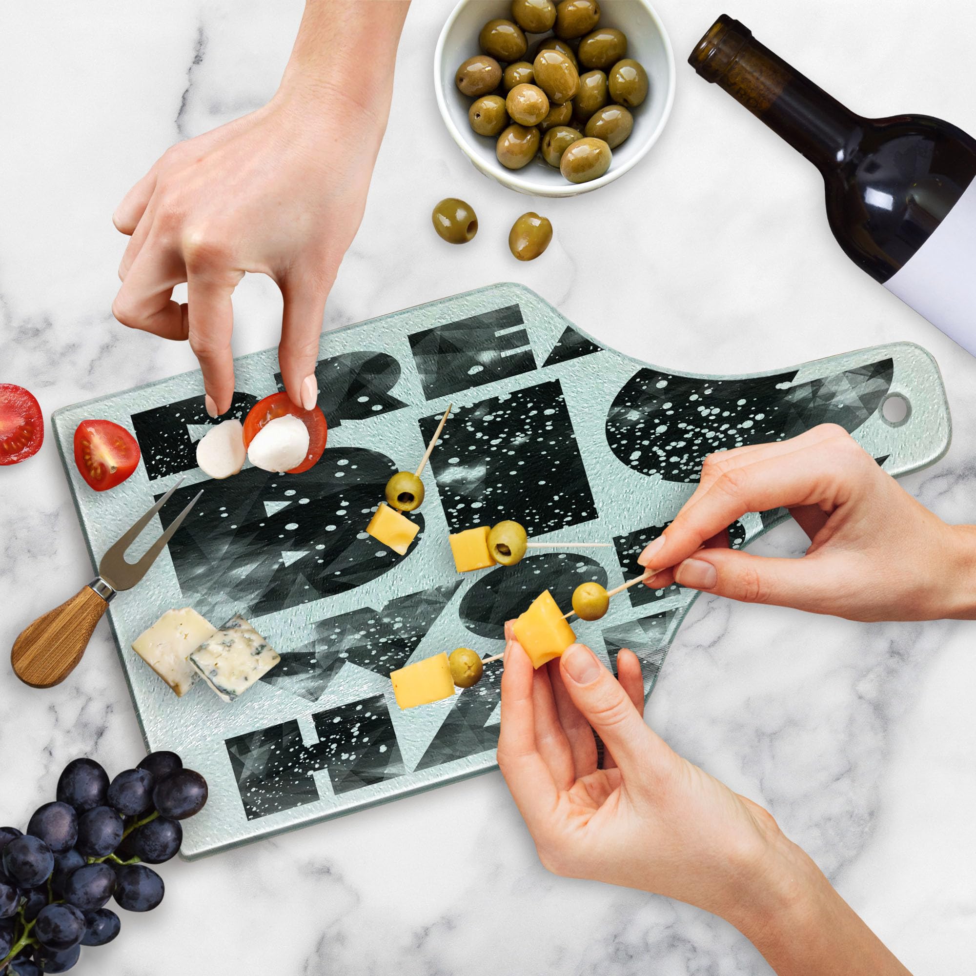 Ambesonne Galaxy Outer Space Themed Tempered Glass Cutting Board - Dream Big Work Hard Typography Design, Wine Bottle Shaped Serving Board for Kitchen & Entertaining (Black, Grey, White) | Perfect for Cheese Platters, Charcuterie Displays & Wine Pairing Parties