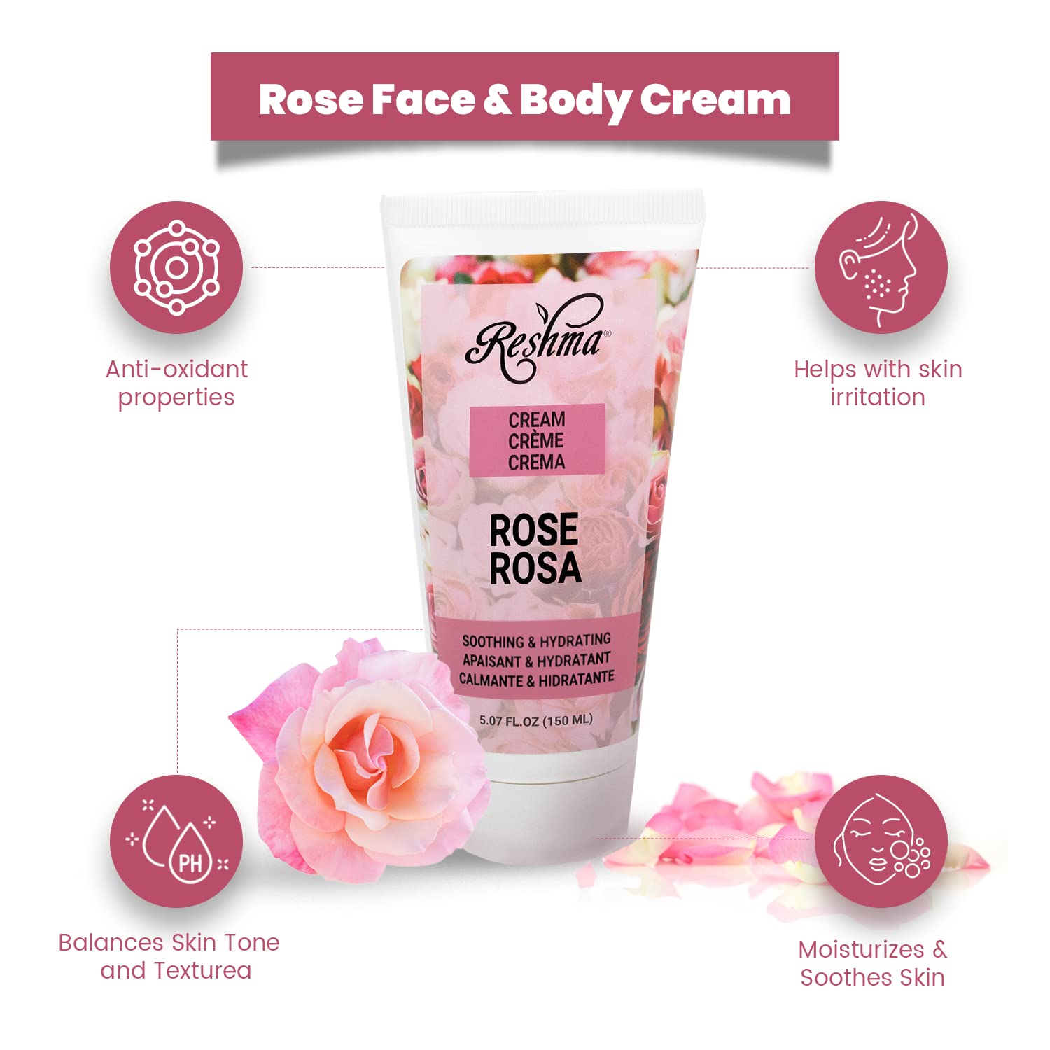 Reshma Beauty Rose Face & Body Cream for Normal to Dry Skin - Hydrating Moisturizer with Rose Oil, Almond Oil & Olive Oil - Enhances Natural Glow - 5.07 fl oz Body Butter (Pack of 1) - Perfect for Daily Skincare Routine & Nighttime Hydration