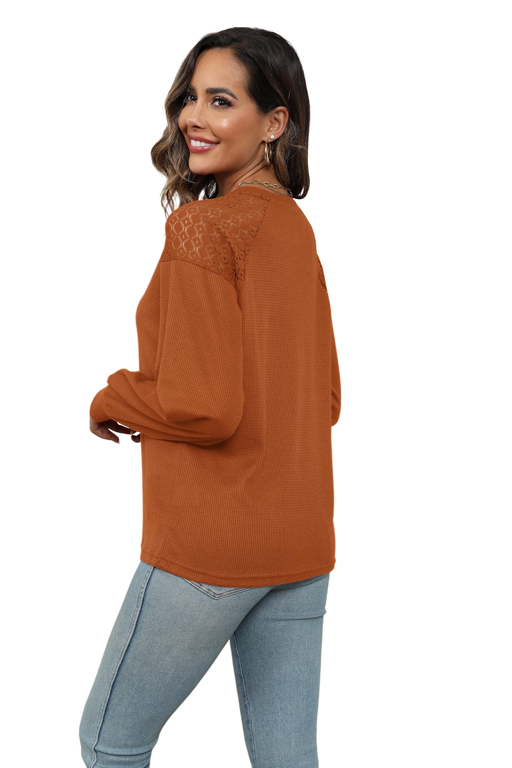 AGSEEM Women's Waffle Knit Tunic Top - 2023 Fall Winter Long Sleeve Crew Neck Shirt with Lace Shoulder Detail | Casual Office Wear & Layering Essential