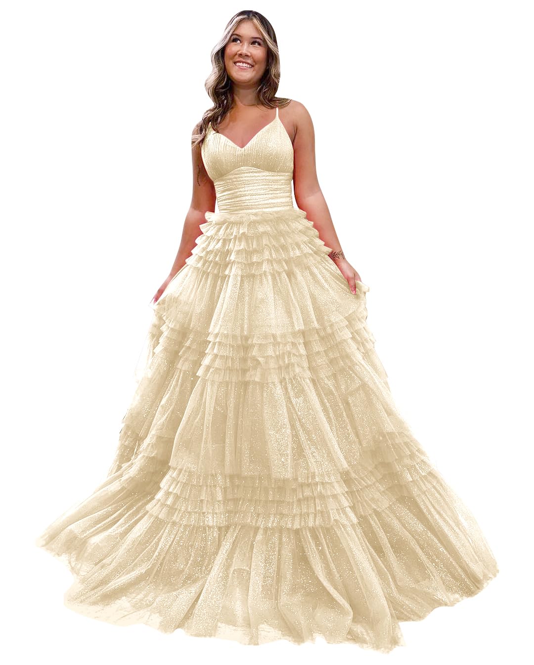 Sparkling Women's Tiered Glitter Tulle Prom Dress - V-Neck Ruffled Formal Evening Gown for Homecoming, Quinceañera, Wedding & Special Occasions