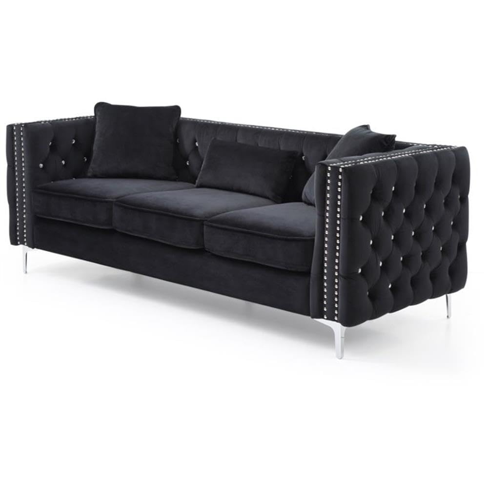 Glory Furniture Paige Velvet Sofa in Black - Luxurious Velvet Upholstered Living Room Couch for Modern Home Decor