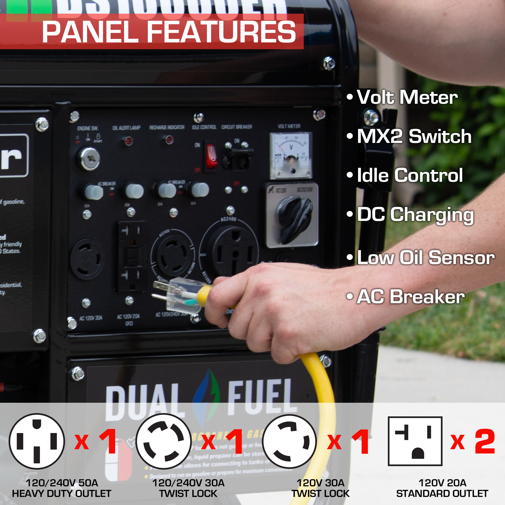 10,000 Watt Dual Fuel Portable Generator - Gas & Propane Powered for Home Backup, Camping & Outdoor Use