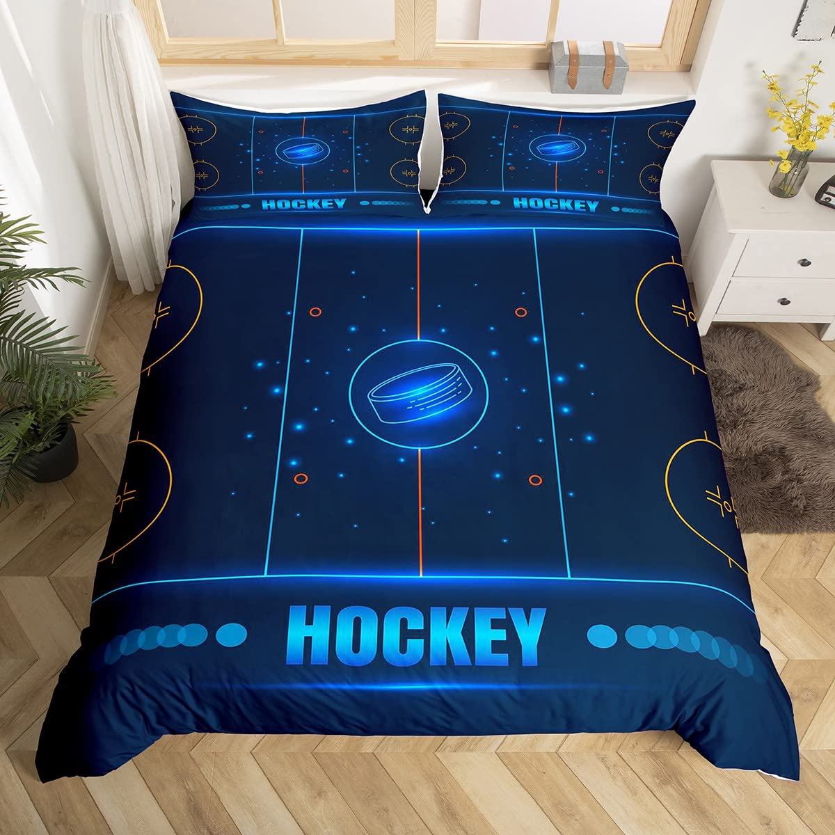 Ice Hockey Bedding Set for Kids - Boys & Girls Hockey Player Comforter Cover Set - Winter Sports Themed Duvet Cover - Queen Size Bedroom Decor for Hockey Fans - Perfect for Game Nights & Sports-Themed Rooms