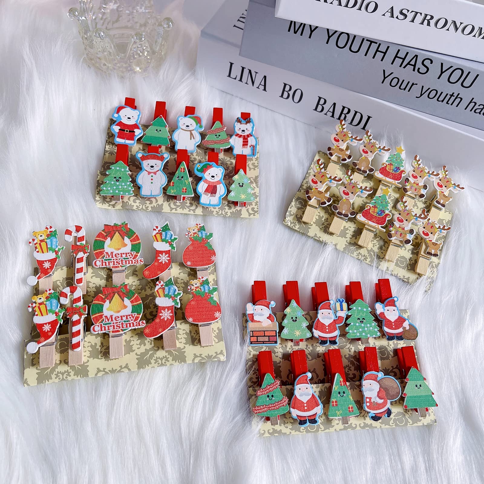 40 Pcs Mini Wooden Clothes Pins for Hanging Photos, Christmas Cards & Stockings - Decorative Clips with Twine for Home, Party & DIY Crafts - Perfect for Holiday Decor, Photo Displays & Gift Wrapping