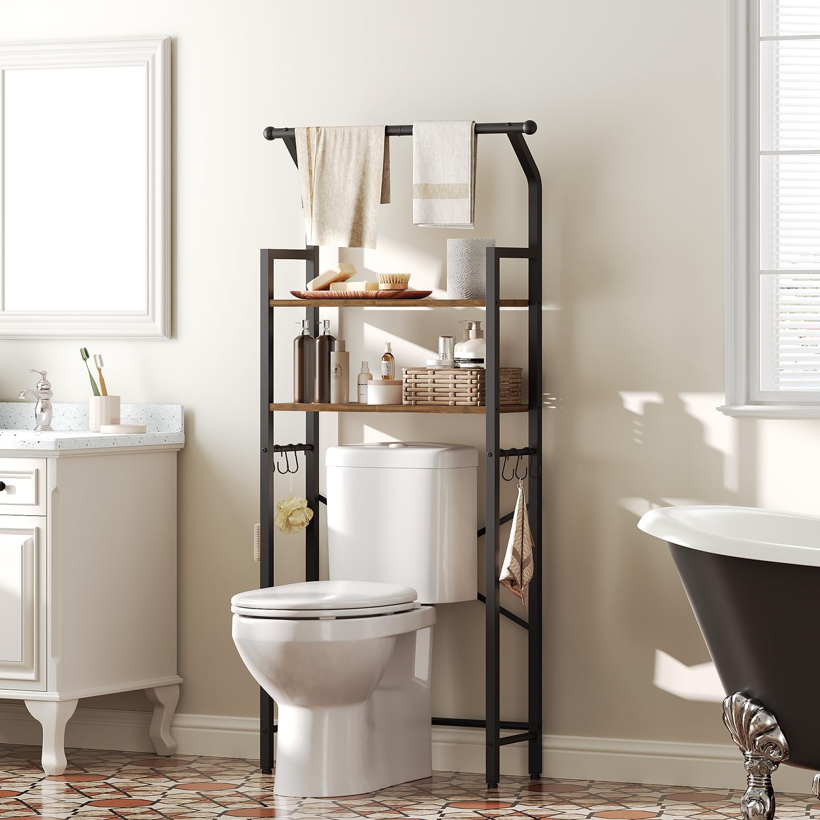 Over The Toilet Storage Shelf - 2-Tier Bathroom Organizer with Hooks | Space-Saving Vertical Toilet Shelf Rack in Rustic Brown & Black | Perfect for Small Bathrooms, Apartments & Powder Rooms (TR01BR)